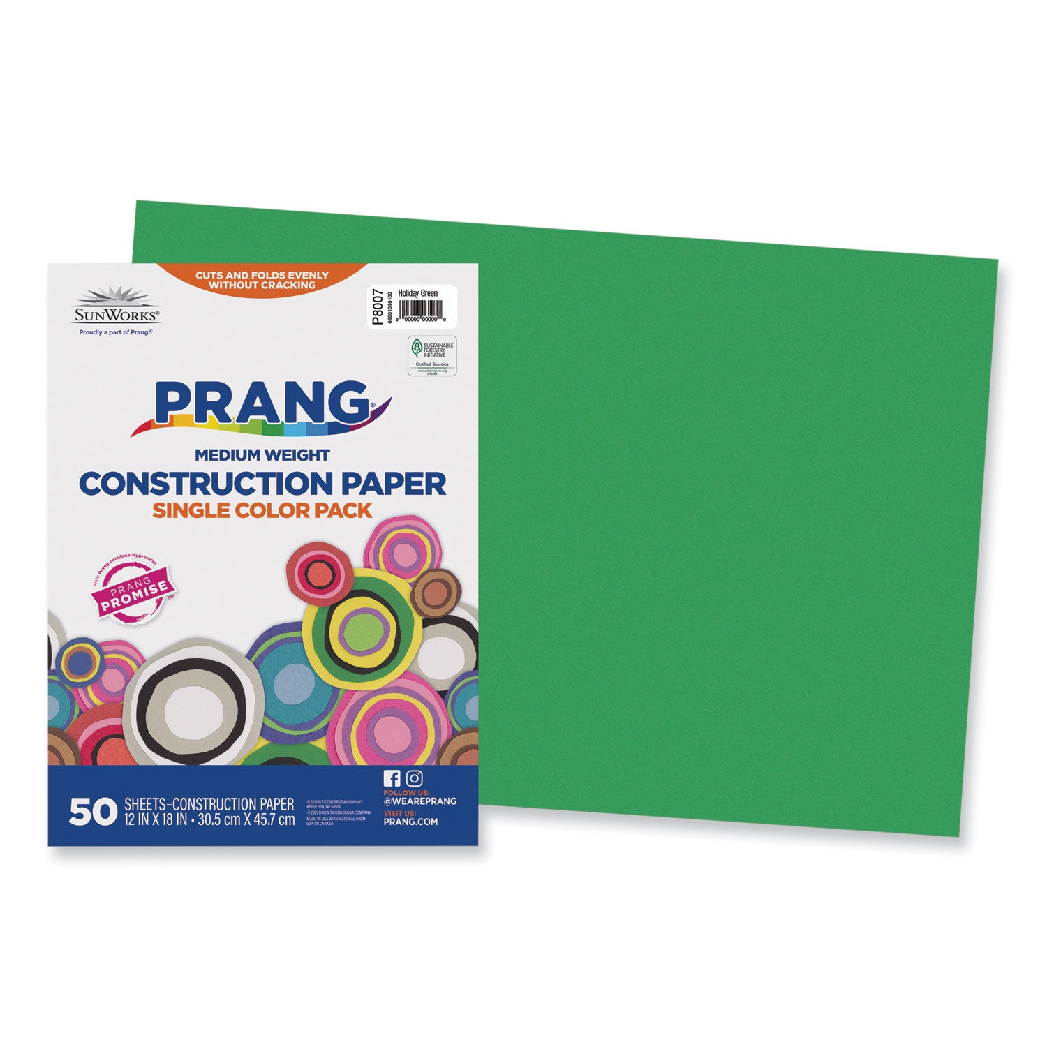 SunWorks Construction Paper, 50 lb Text Weight, 12 x 18, Holiday Green, 50/Pack -