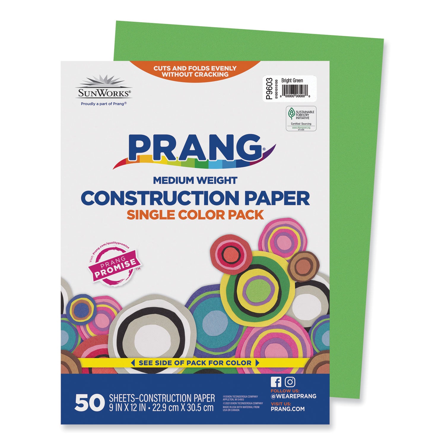 SunWorks Construction Paper, 50 lb Text Weight, 9 x 12, Bright Green, 50/Pack -