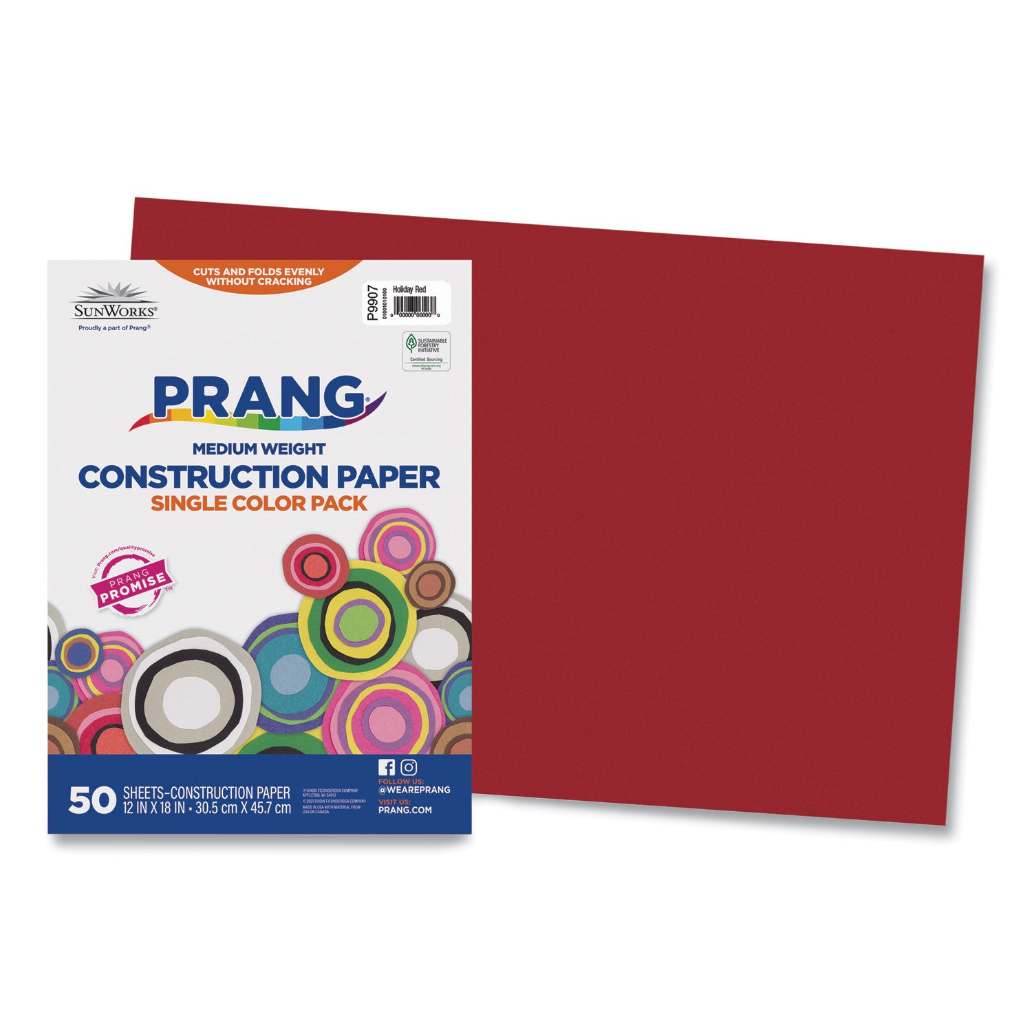 SunWorks Construction Paper, 50 lb Text Weight, 12 x 18, Holiday Red, 50/Pack -