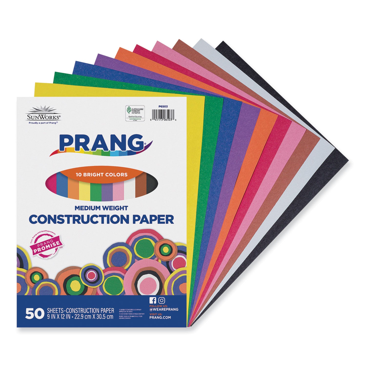 SunWorks Construction Paper, 50 lb Text Weight, 9 x 12, Assorted, 50/Pack -