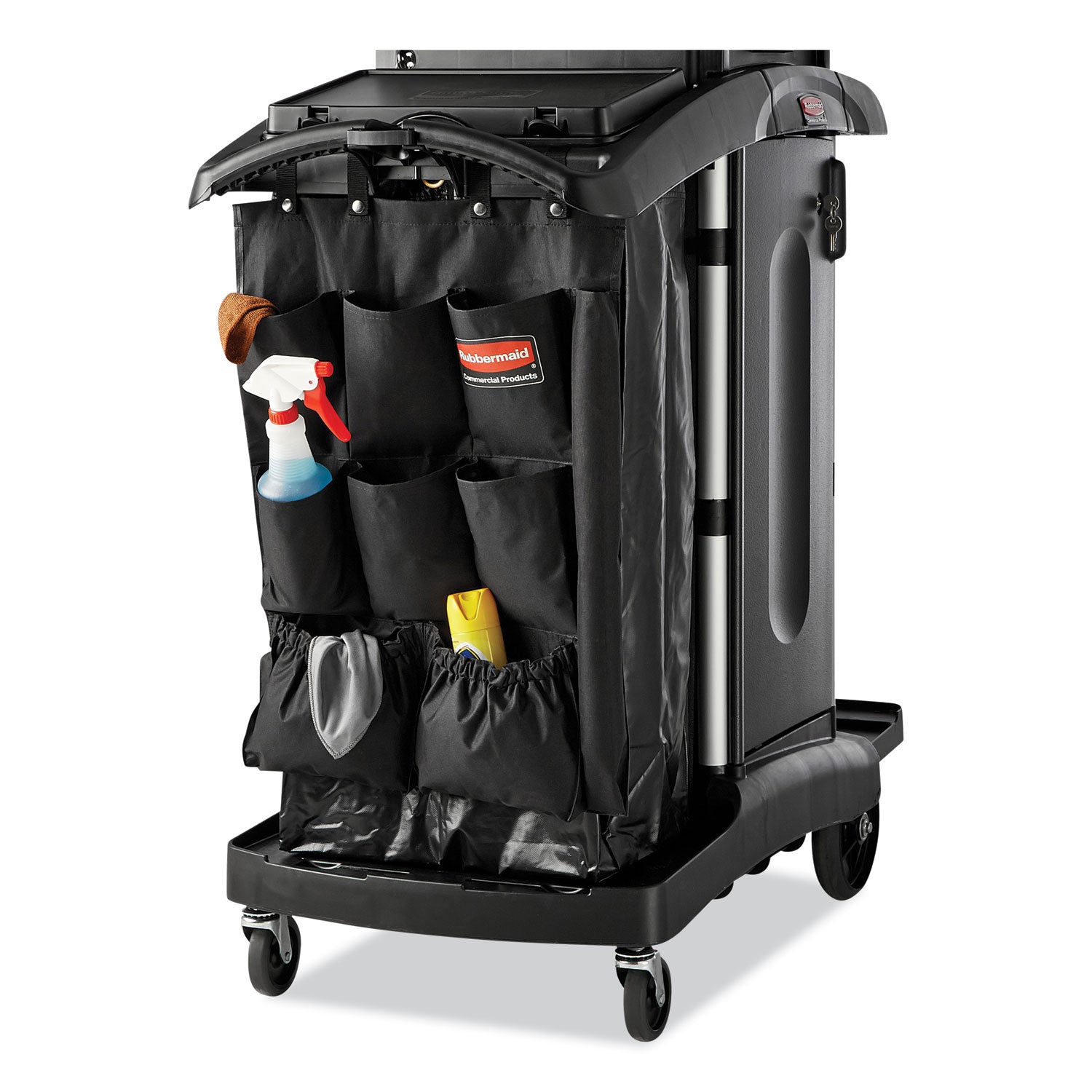 High-Security Housekeeping Cart, Plastic, 3 Shelves, 2 Bins, 22" x 51.75" x 53.5", Black/Silver -
