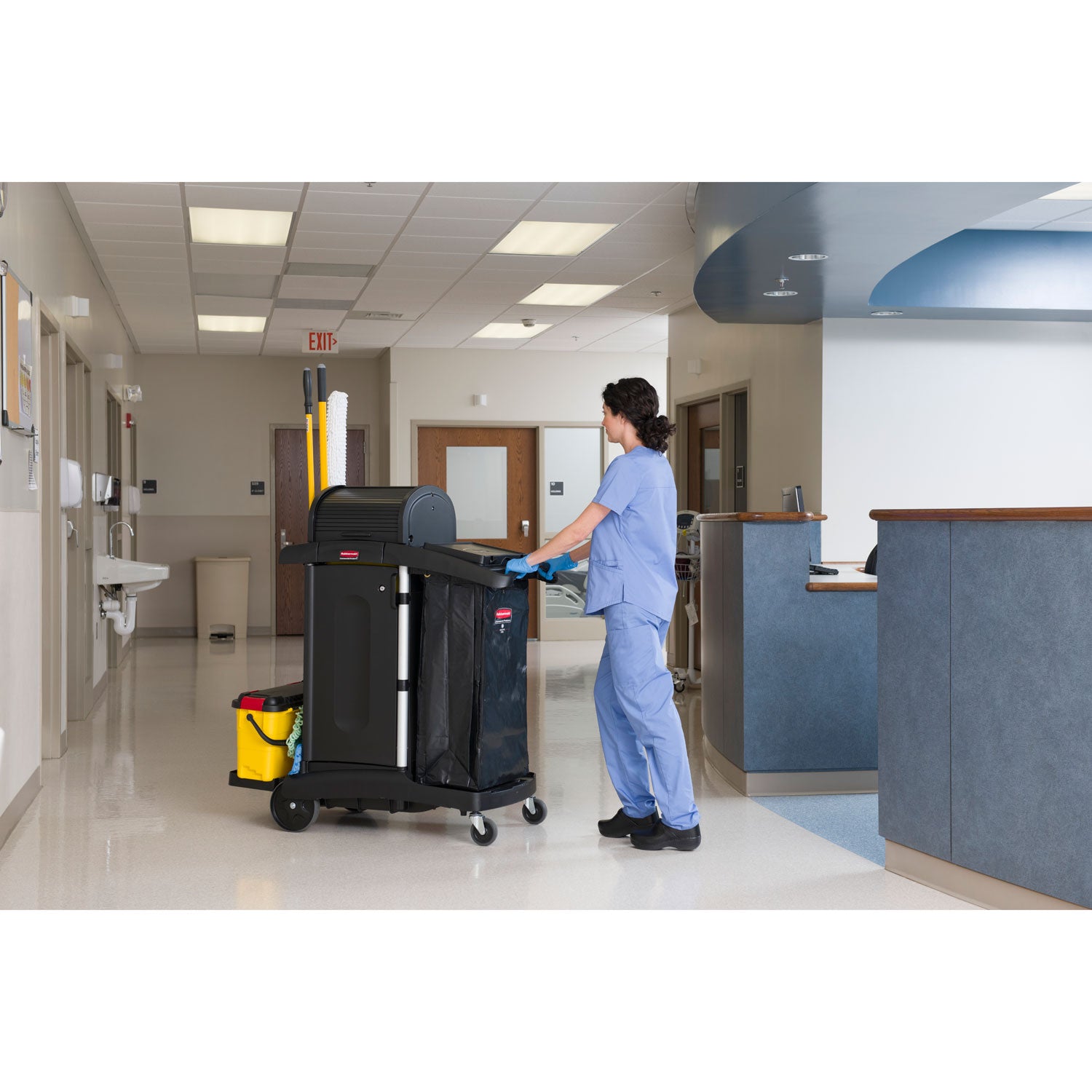 Executive High Security Janitorial Cleaning Cart, Plastic, 4 Shelves, 1 Bin, 23.1" x 39.6" x 27.5", Black -