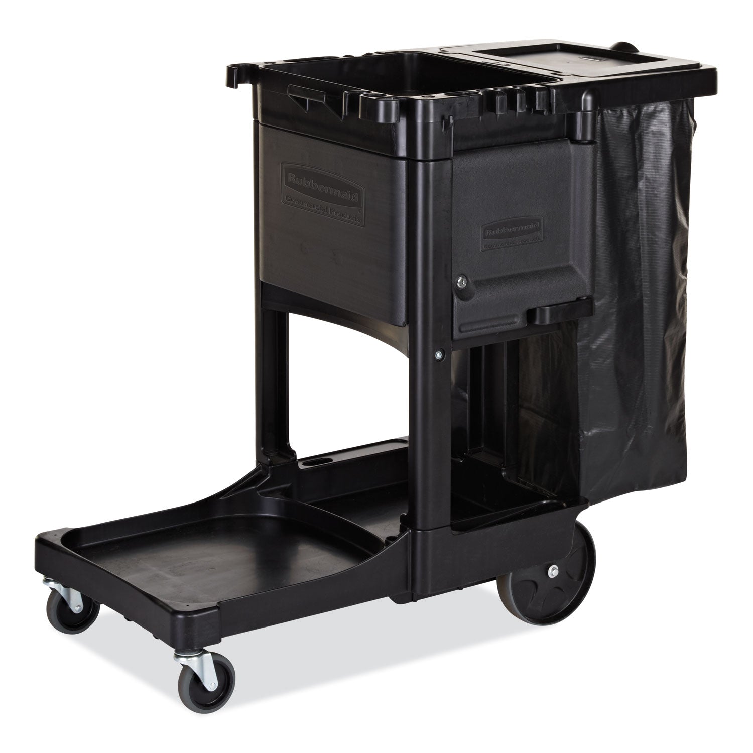 Executive Janitorial Cleaning Cart, Plastic, 4 Shelves, 1 Bin, 12.1" x 22.4" x 23", Black -
