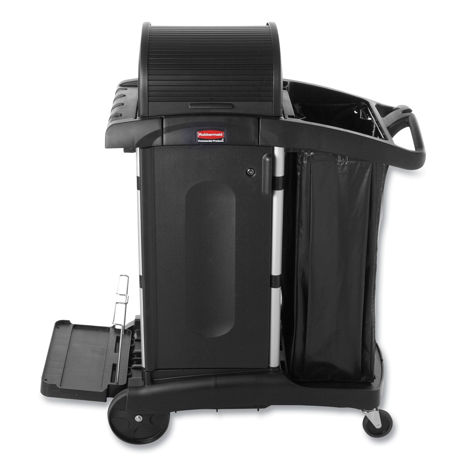 High-Security Healthcare Cleaning Cart, Metal, 4 Shelves, 1 Bin, 22" x 48.25" x 53.5", Black -