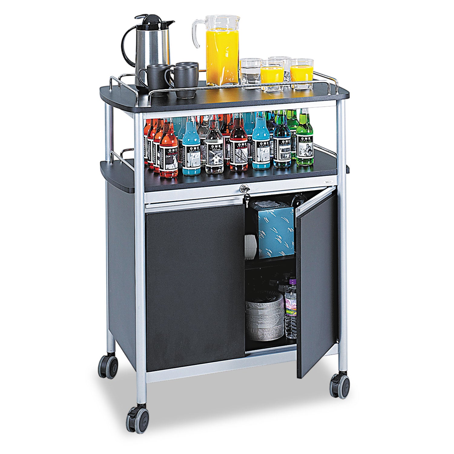 Mobile Beverage Cart, Plastic, 4 Shelves, 33.5" x 21.75" x 43", Black -