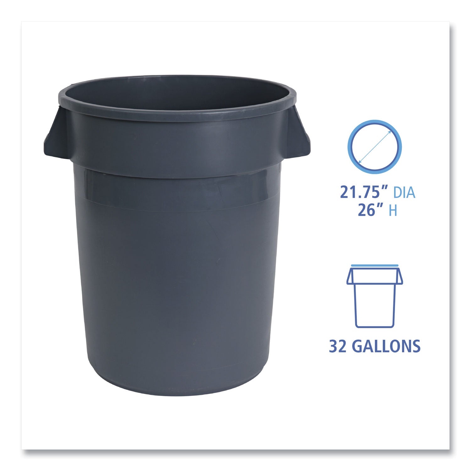 Round Waste Receptacle, 32 gal, Linear-Low-Density Polyethylene, Gray -