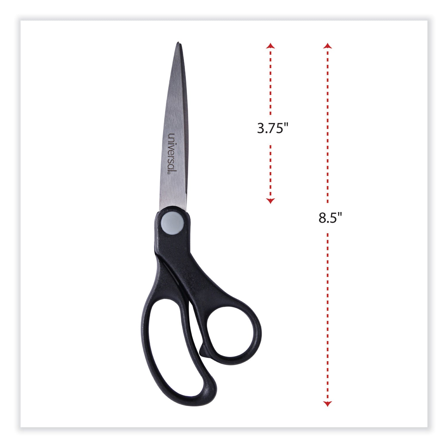 Stainless Steel Office Scissors, 8.5" Long, 3.75" Cut Length, Black Offset Handle -