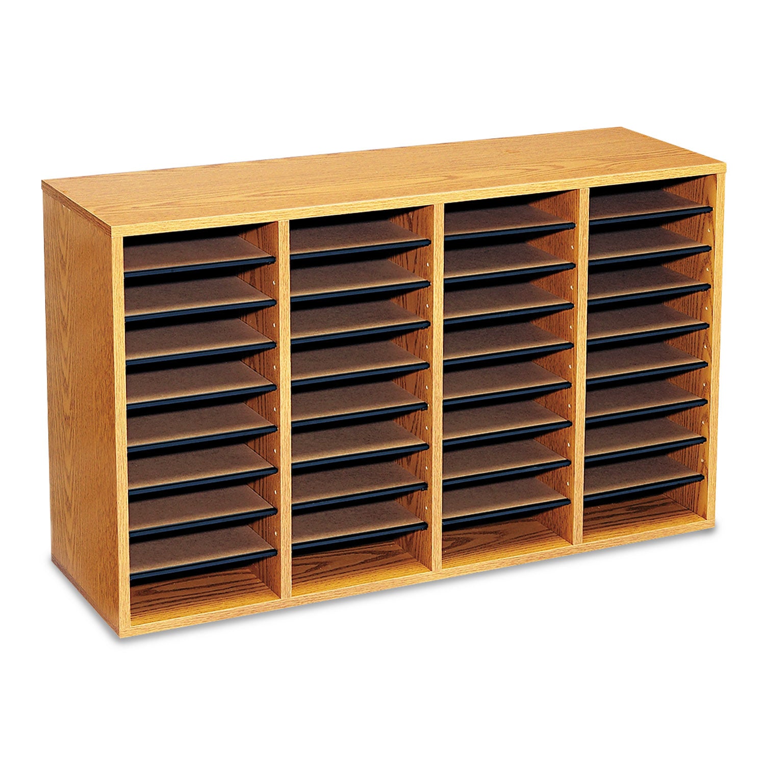 Wood/Laminate Literature Sorter, 36 Compartments, 39.25 x 11.75 x 24, Medium Oak -