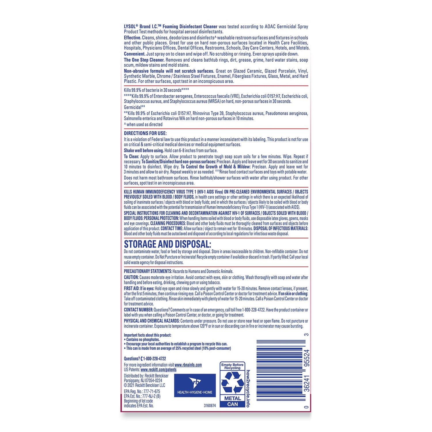 Foaming Disinfectant Cleaner, 24 oz Aerosol Spray, 12/Carton -