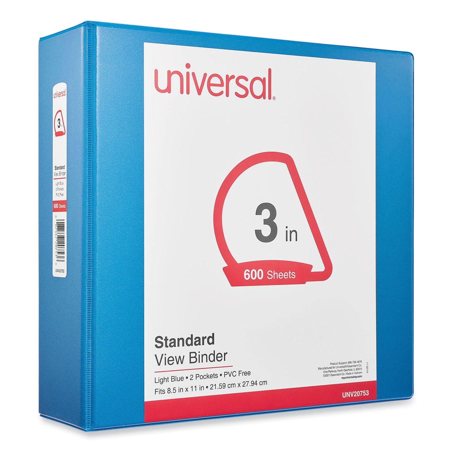 Slant D-Ring View Binder, 3 Rings, 3" Capacity, 11 x 8.5, Light Blue -