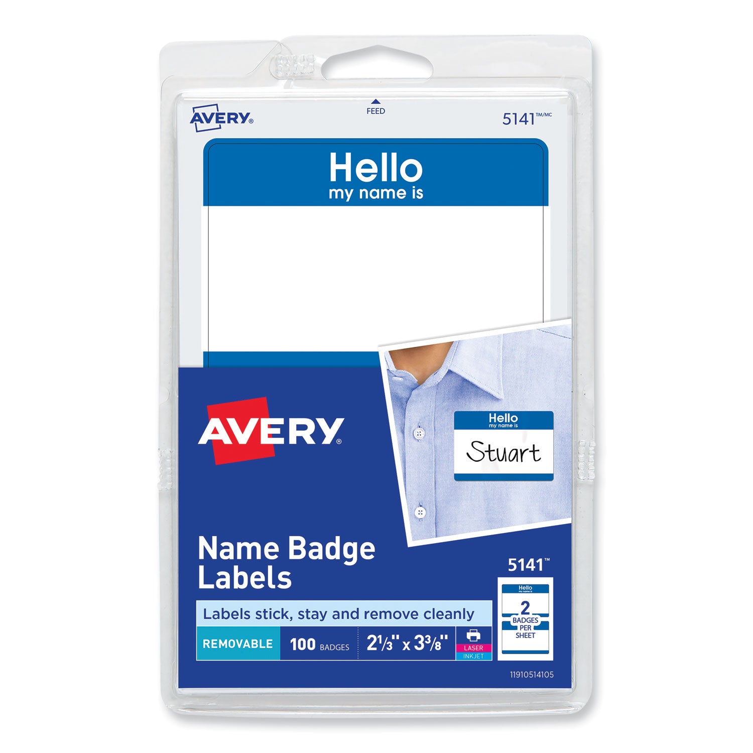 Printable Adhesive Name Badges, 3.38 x 2.33, Blue "Hello", 100/Pack -
