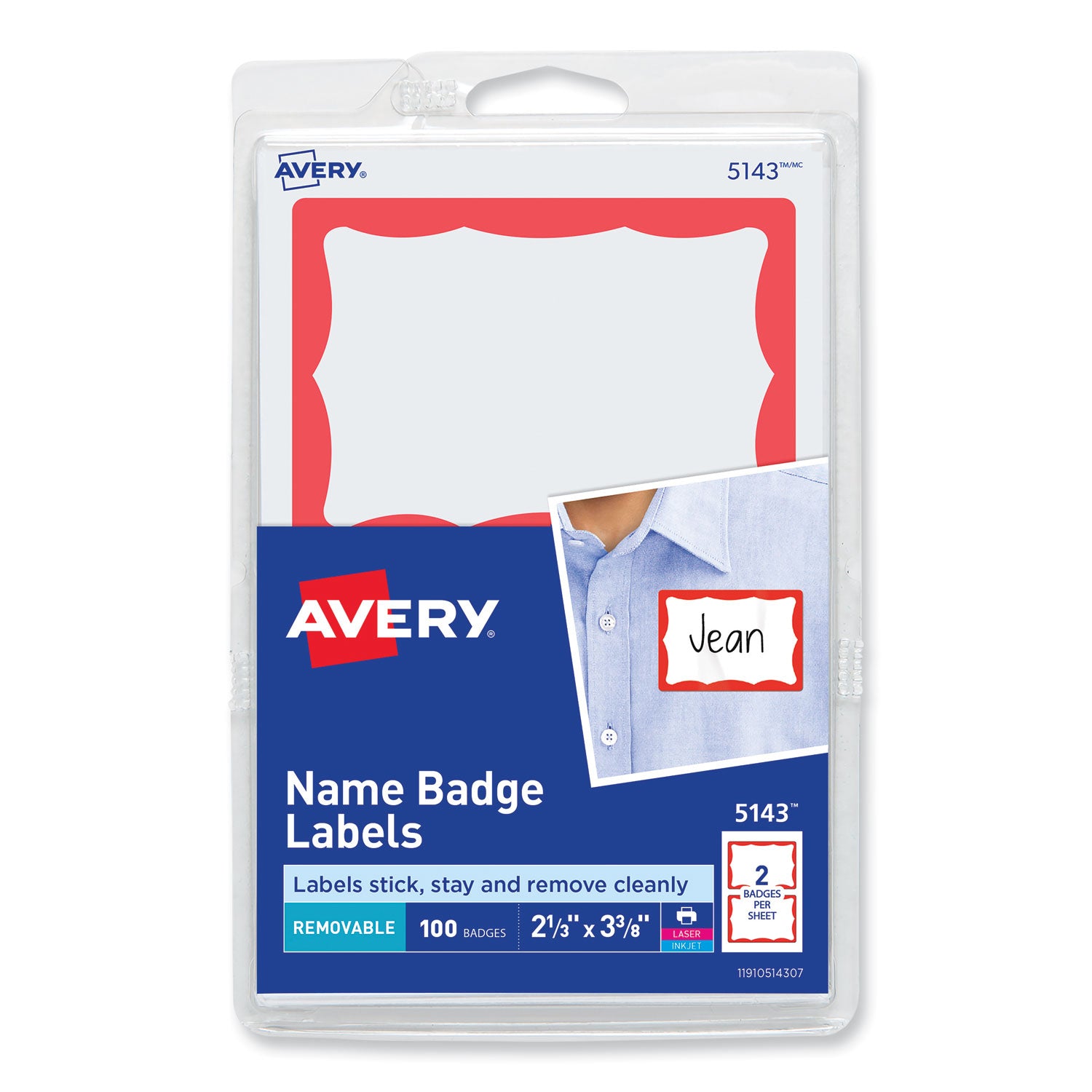 Printable Adhesive Name Badges, 3.38 x 2.33, Red Border, 100/Pack -