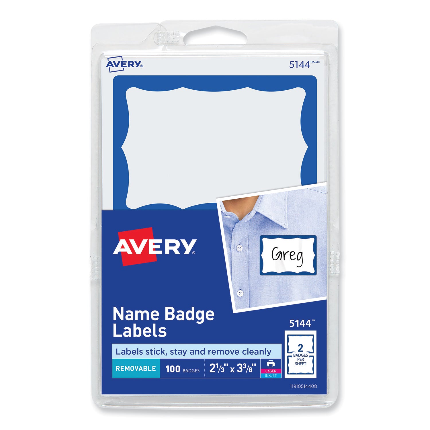 Printable Adhesive Name Badges, 3.38 x 2.33, Blue Border, 100/Pack -