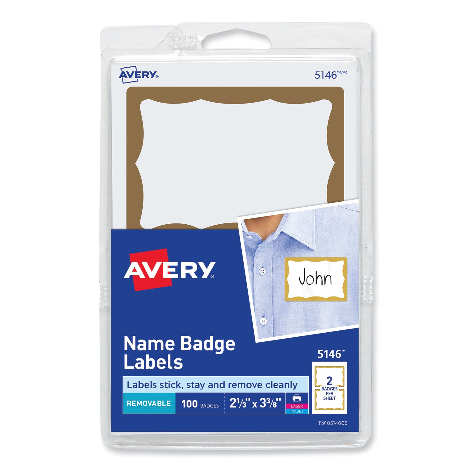 Printable Adhesive Name Badges, 3.38 x 2.33, Gold Border, 100/Pack -