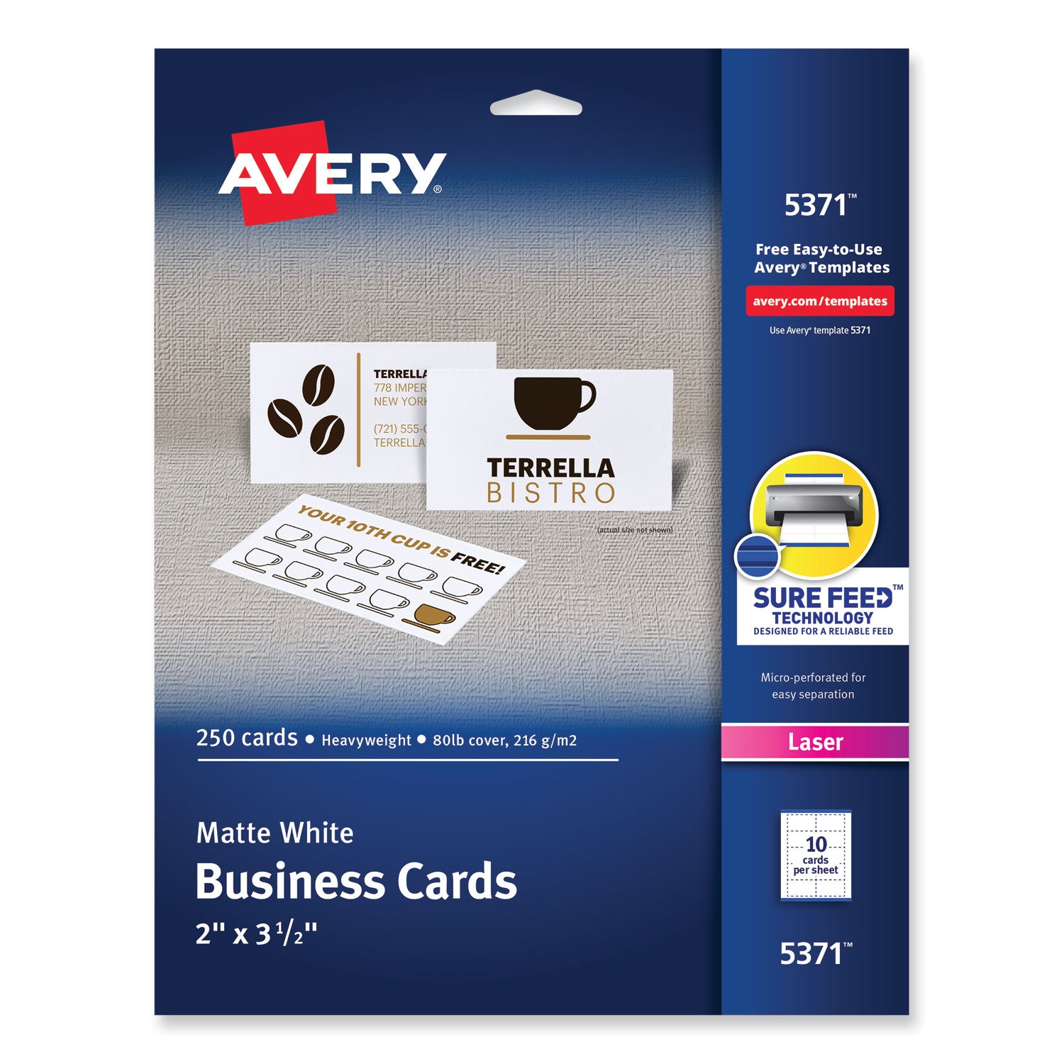 Printable Microperforated Business Cards w/Sure Feed Technology, Laser, 2 x 3.5, White, 250 Cards, 10/Sheet, 25 Sheets/Pack -