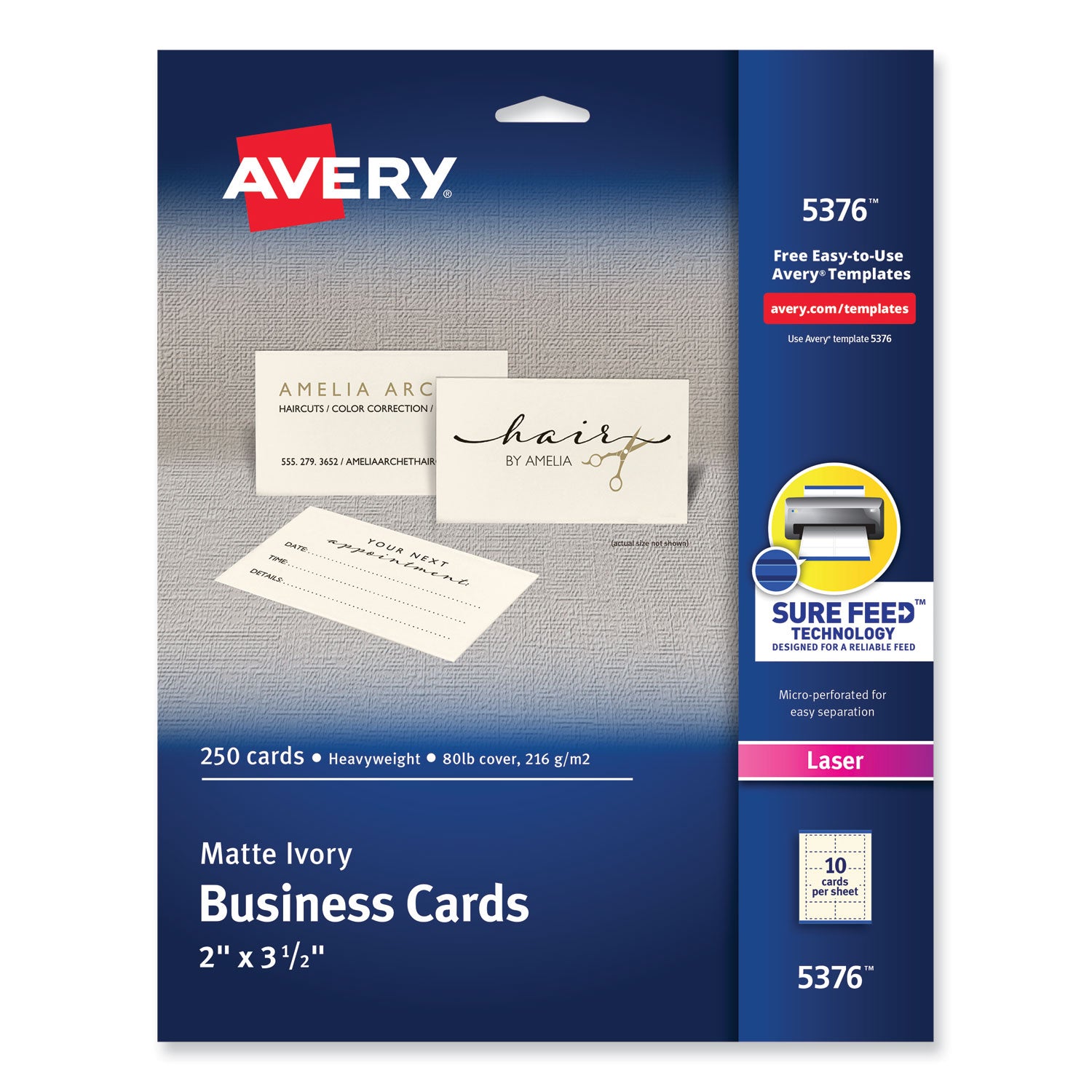 Printable Microperforated Business Cards w/Sure Feed Technology, Laser, 2 x 3.5, Ivory, 250 Cards, 10/Sheet, 25 Sheets/Pack -