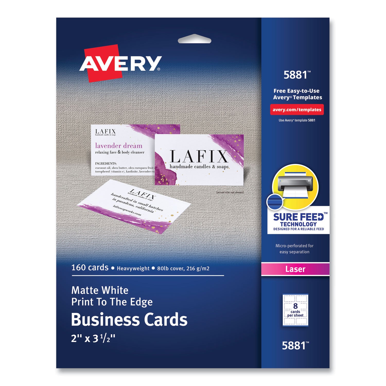 Print-to-the-Edge Microperf Business Cards w/Sure Feed Technology, Color Laser, 2x3.5, White, 160 Cards, 8/Sheet,20 Sheets/PK -