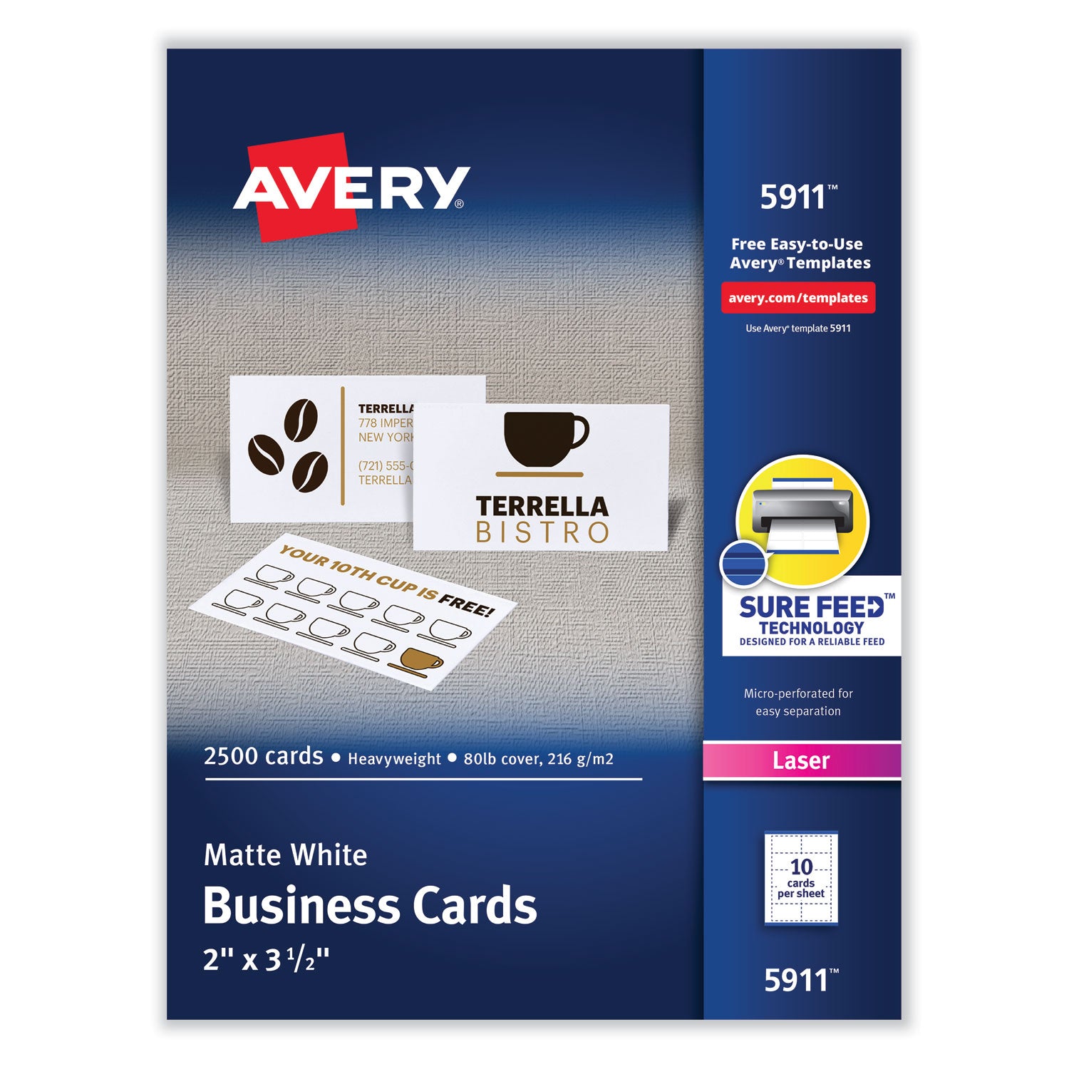 Printable Microperforated Business Cards w/Sure Feed Technology, Laser, 2 x 3.5, White, 2,500 Cards, 10/Sheet, 250 Sheets/Box -