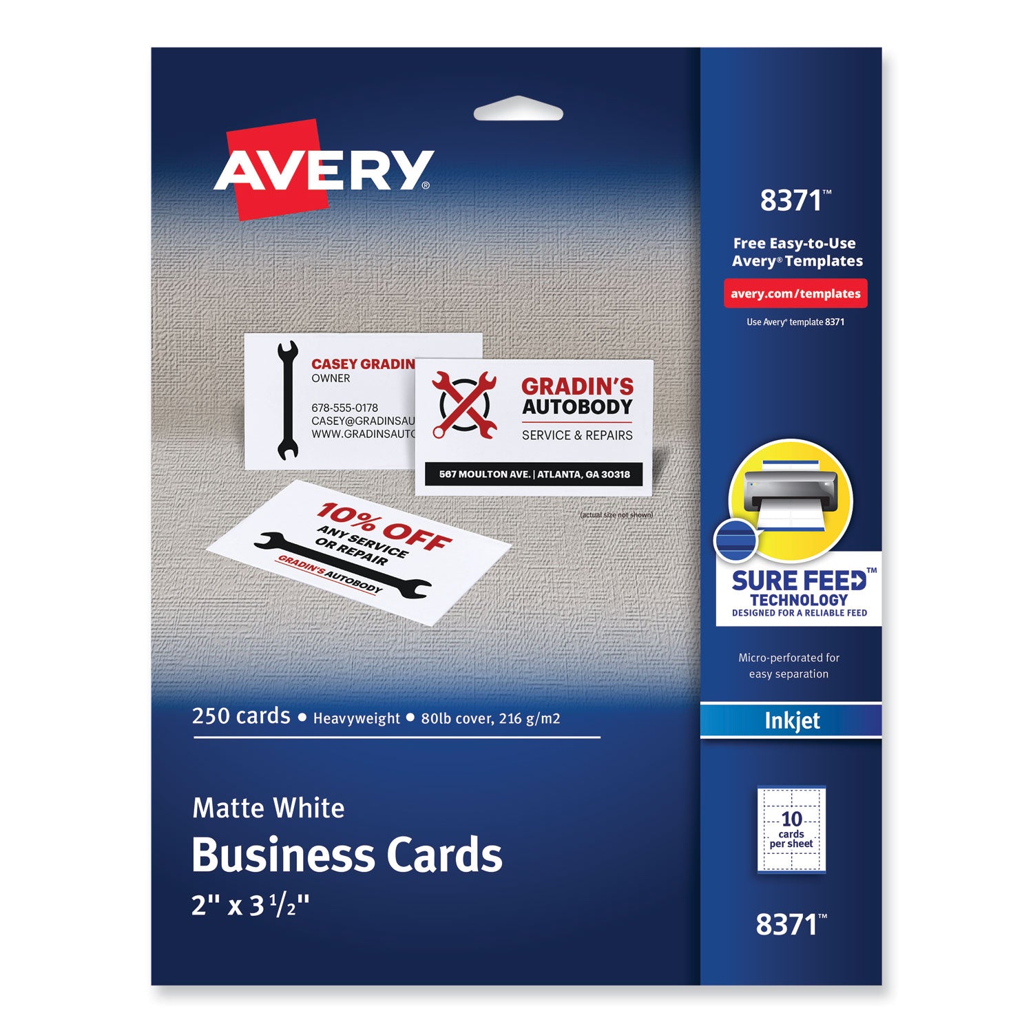 Printable Microperforated Business Cards w/Sure Feed Technology, Inkjet, 2 x 3.5, White, 250 Cards, 10/Sheet, 25 Sheets/Pack -