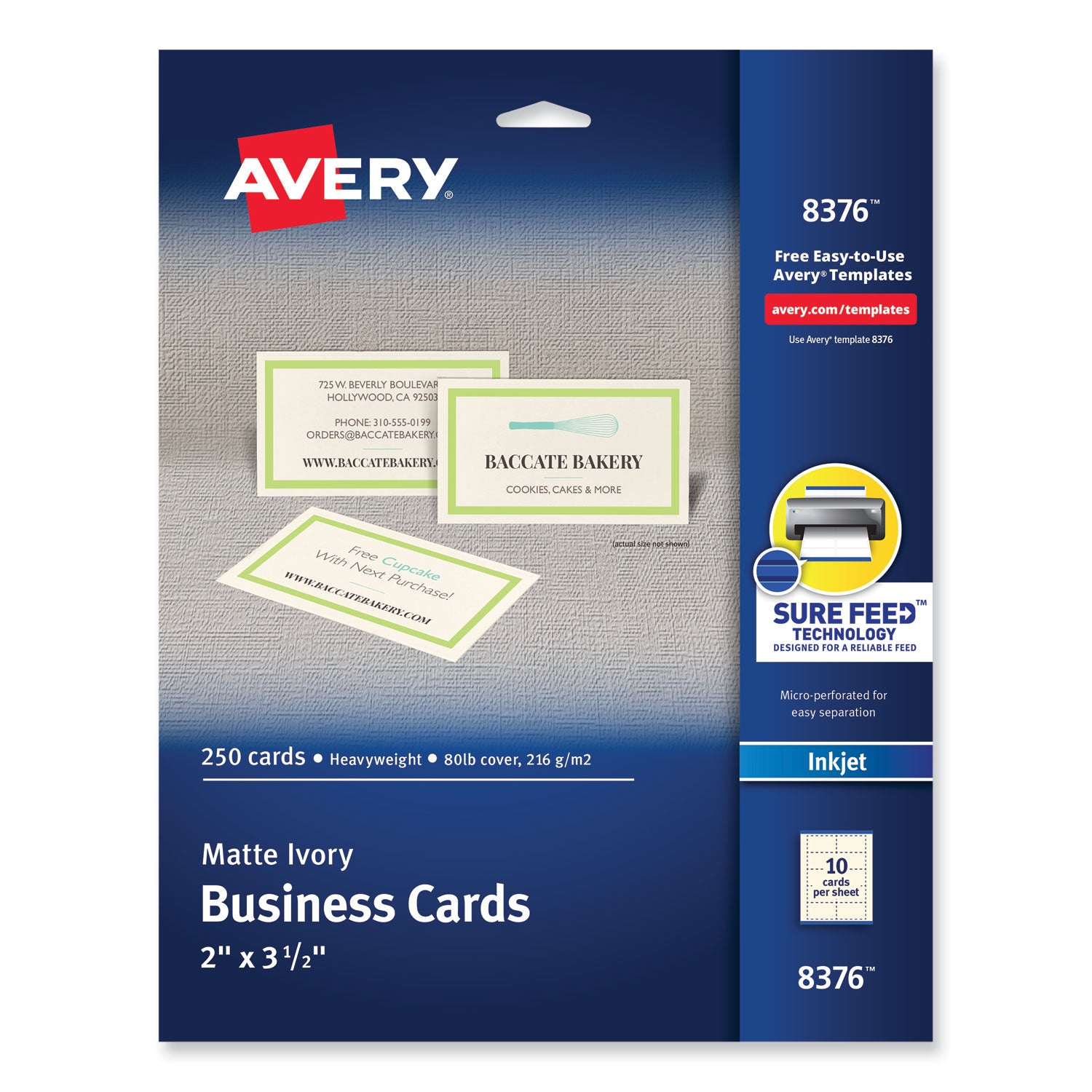 Printable Microperforated Business Cards w/Sure Feed Technology, Inkjet, 2 x 3.5, Ivory, 250 Cards, 10/Sheet, 25 Sheets/Pack -