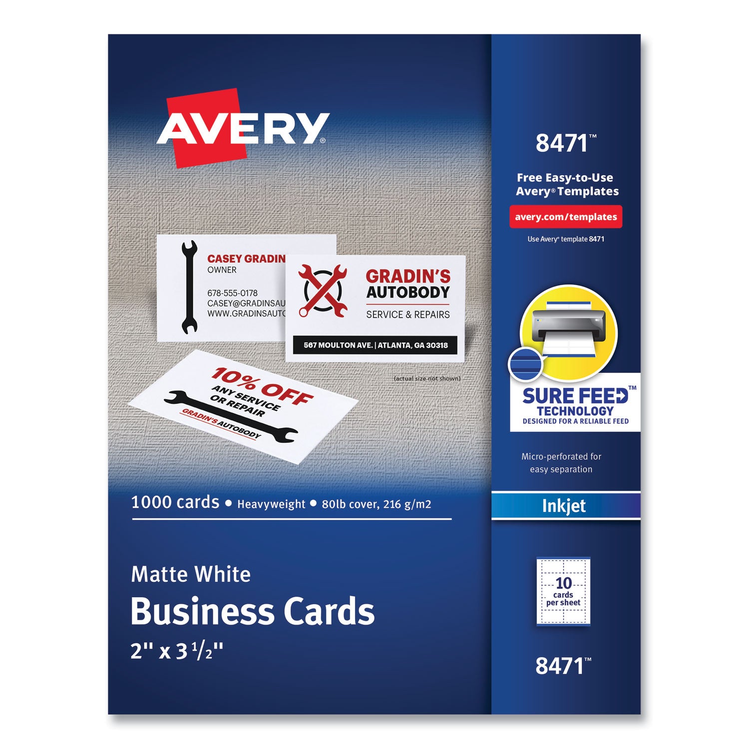 Printable Microperforated Business Cards w/Sure Feed Technology, Inkjet, 2 x 3.5, White, 1,000 Cards, 10/Sheet, 100 Sheets/Bx -