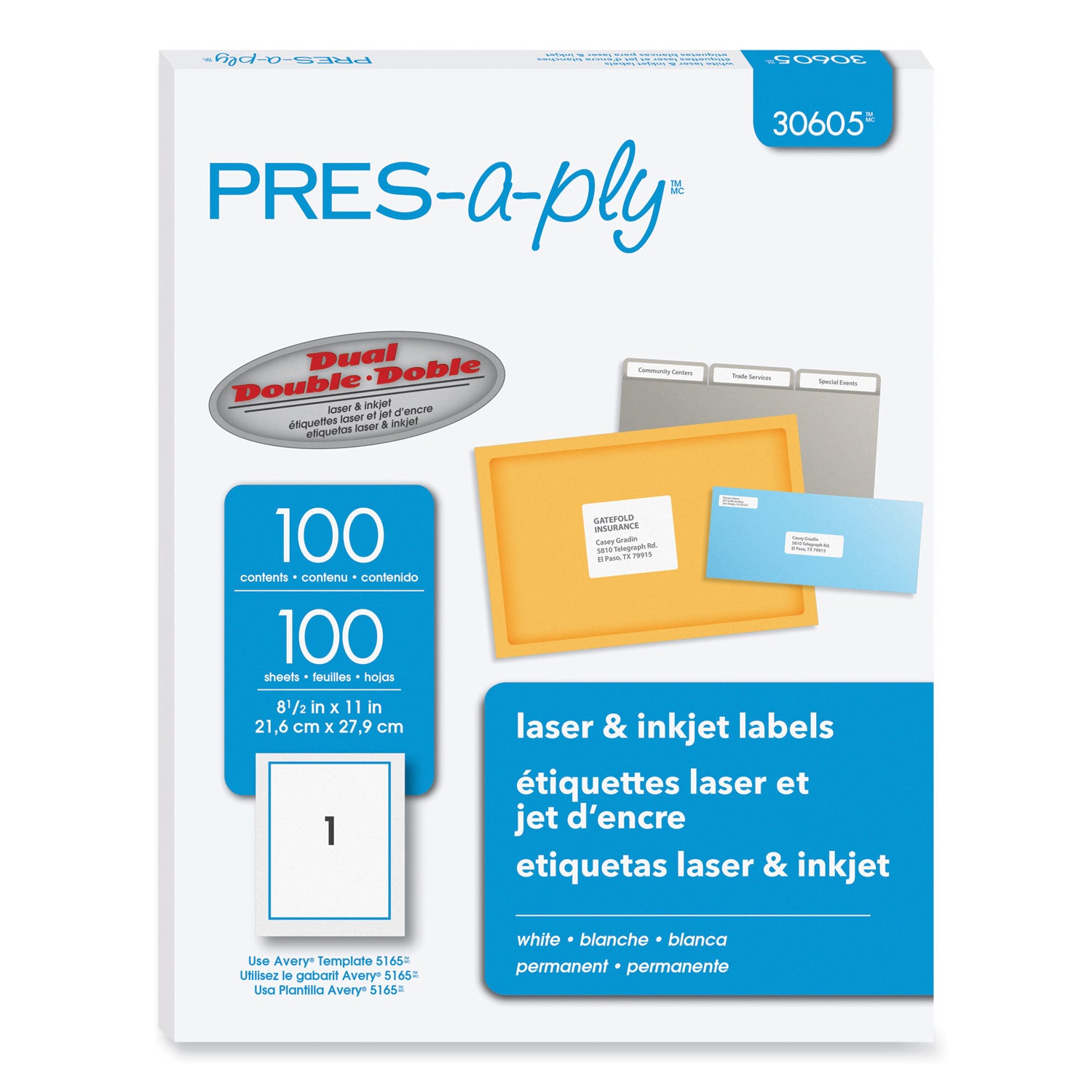 Labels, Laser Printers, 8.5 x 11, White, 100/Box -
