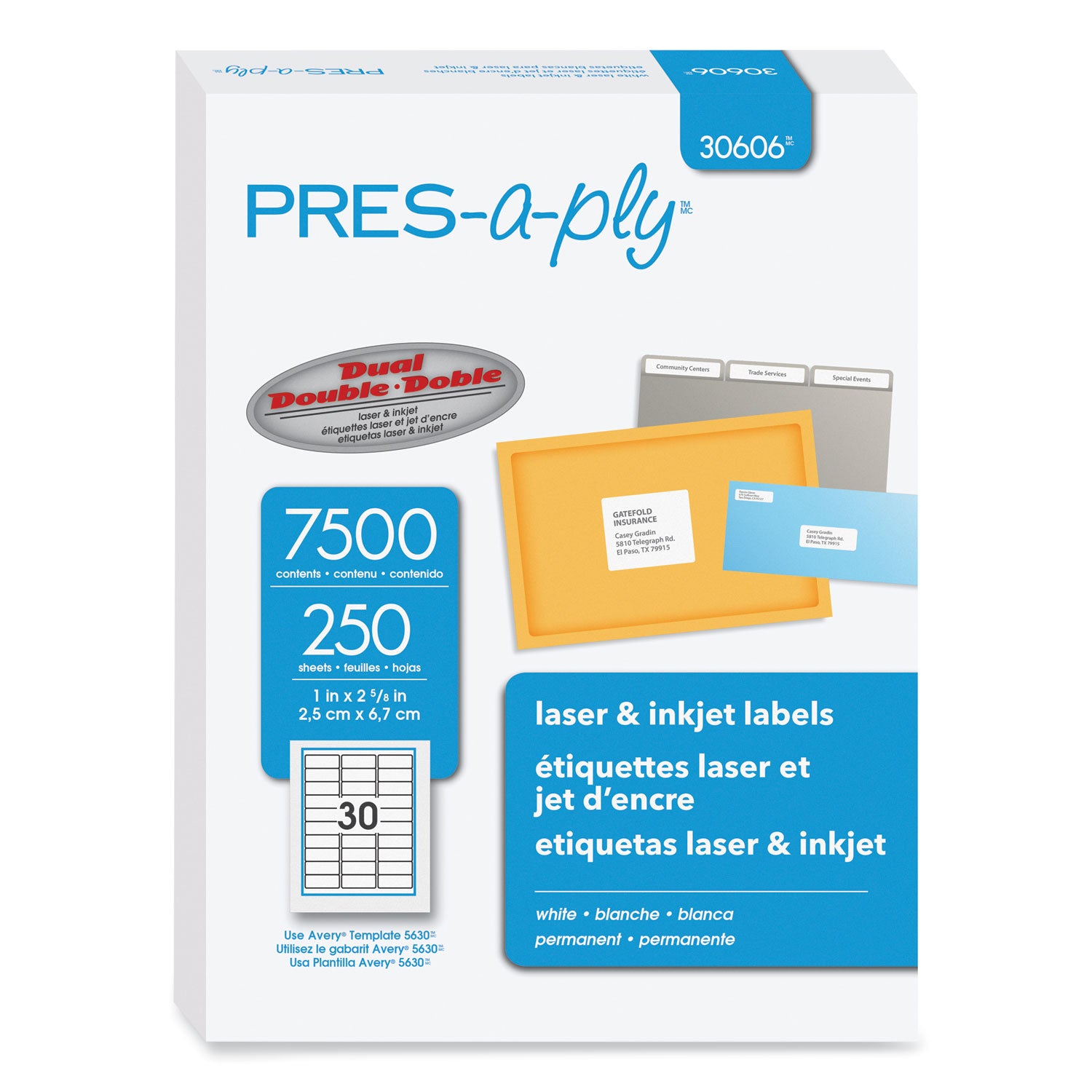 Labels, Laser Printers, 1 x 2.63, White, 30/Sheet, 250 Sheets/Box -