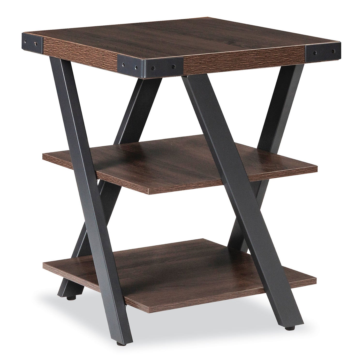 Safco Mirella End Table - 20" x 20"25" , 1.6" Table Top - 3 Shelve(s) - Material: Laminate, Medium Density Fiberboard (MDF) - Finish: Southern Tobacco, Powder Coated - 1