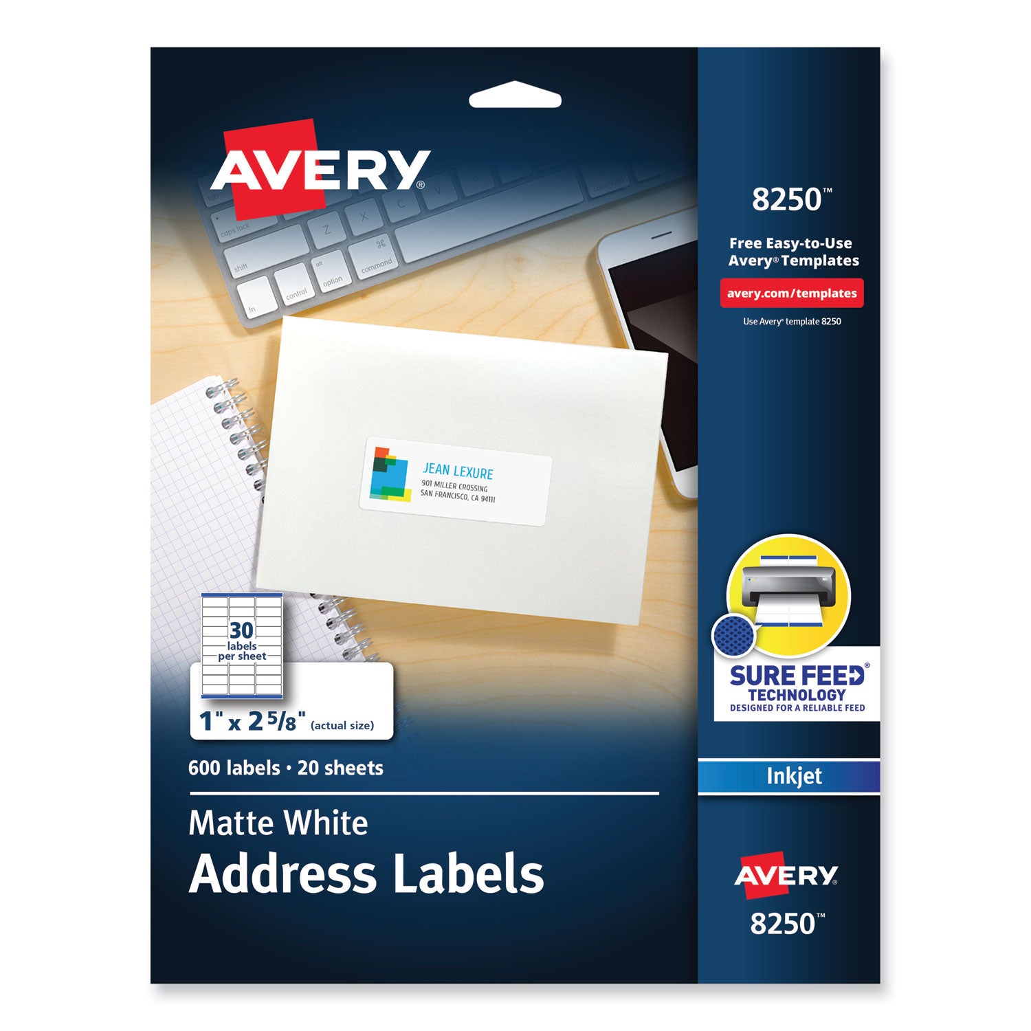 Vibrant Inkjet Color-Print Labels w/ Sure Feed, 1 x 2.63, Matte White, 600/PK -