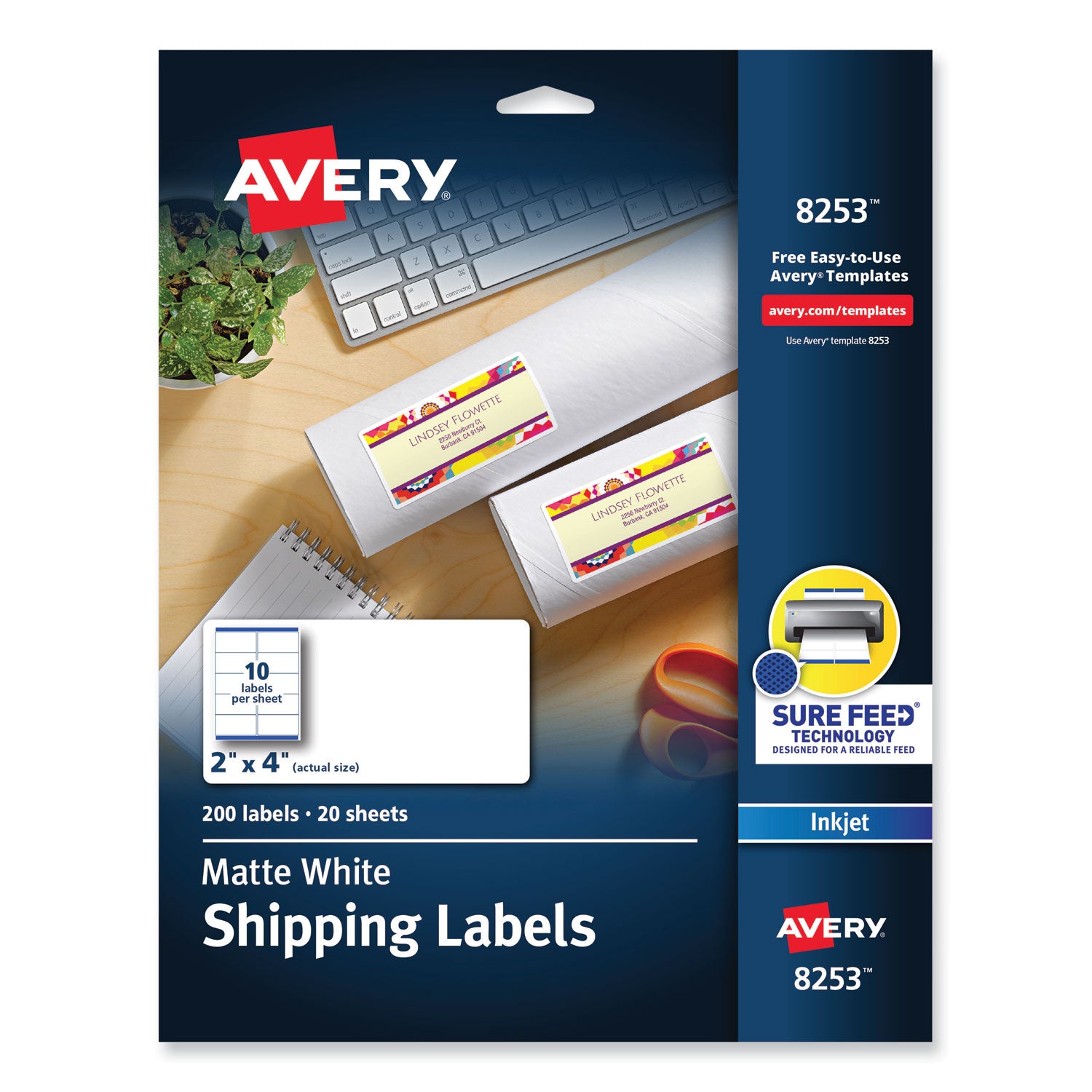 Vibrant Inkjet Color-Print Labels w/ Sure Feed, 2 x 4, Matte White, 200/PK -