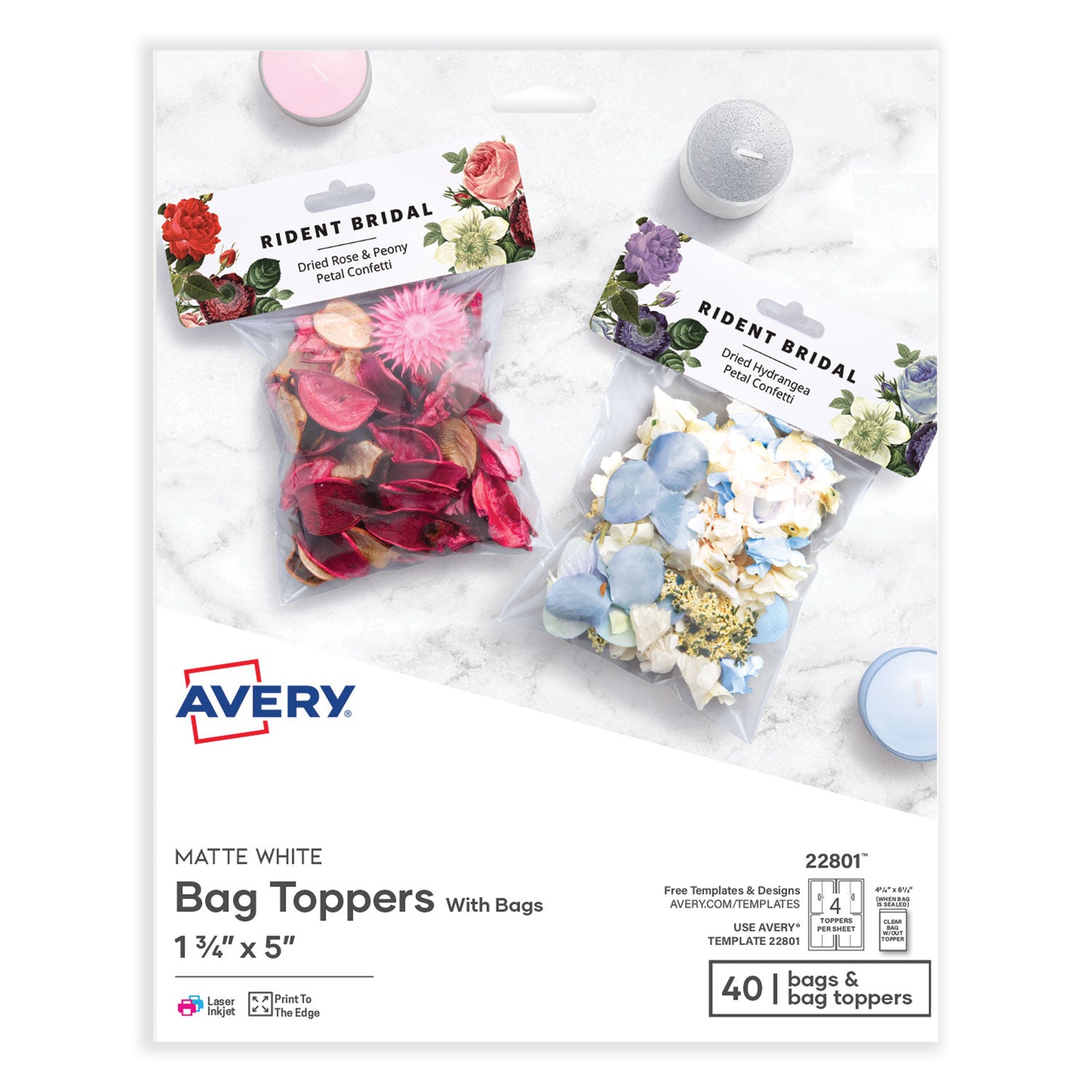 Sure Feed Printable Toppers with Bags, 1.75 x 5, White, 40/Pack -