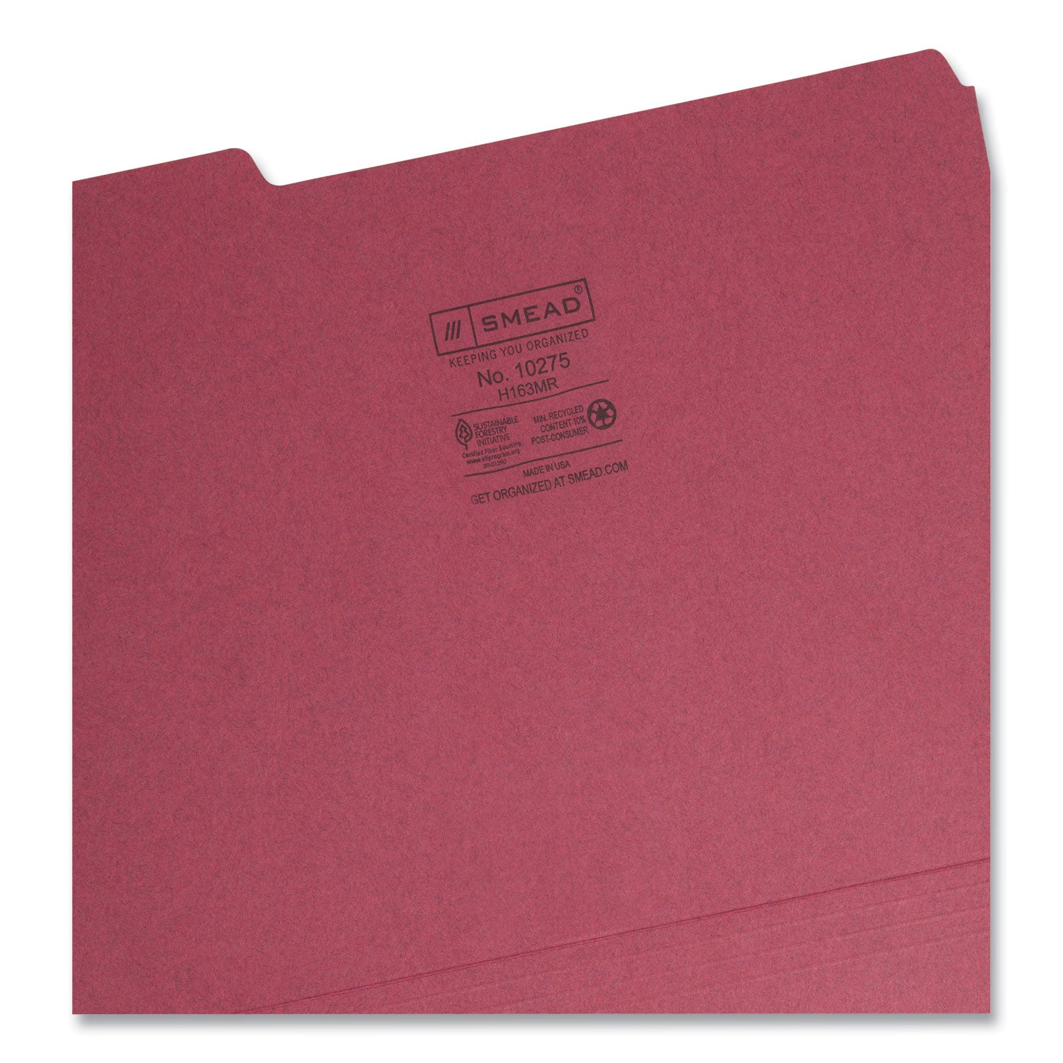 Interior File Folders, 1/3-Cut Tabs: Assorted, Letter Size, 0.75" Expansion, Maroon, 100/Box -