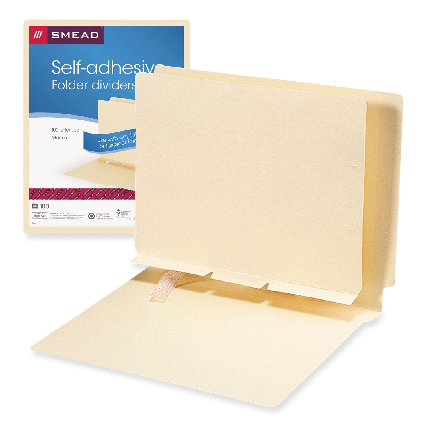 Self-Adhesive Folder Dividers for Top/End Tab Folders, Prepunched for Fasteners, 1 Fastener, Letter Size, Manila, 100/Box -