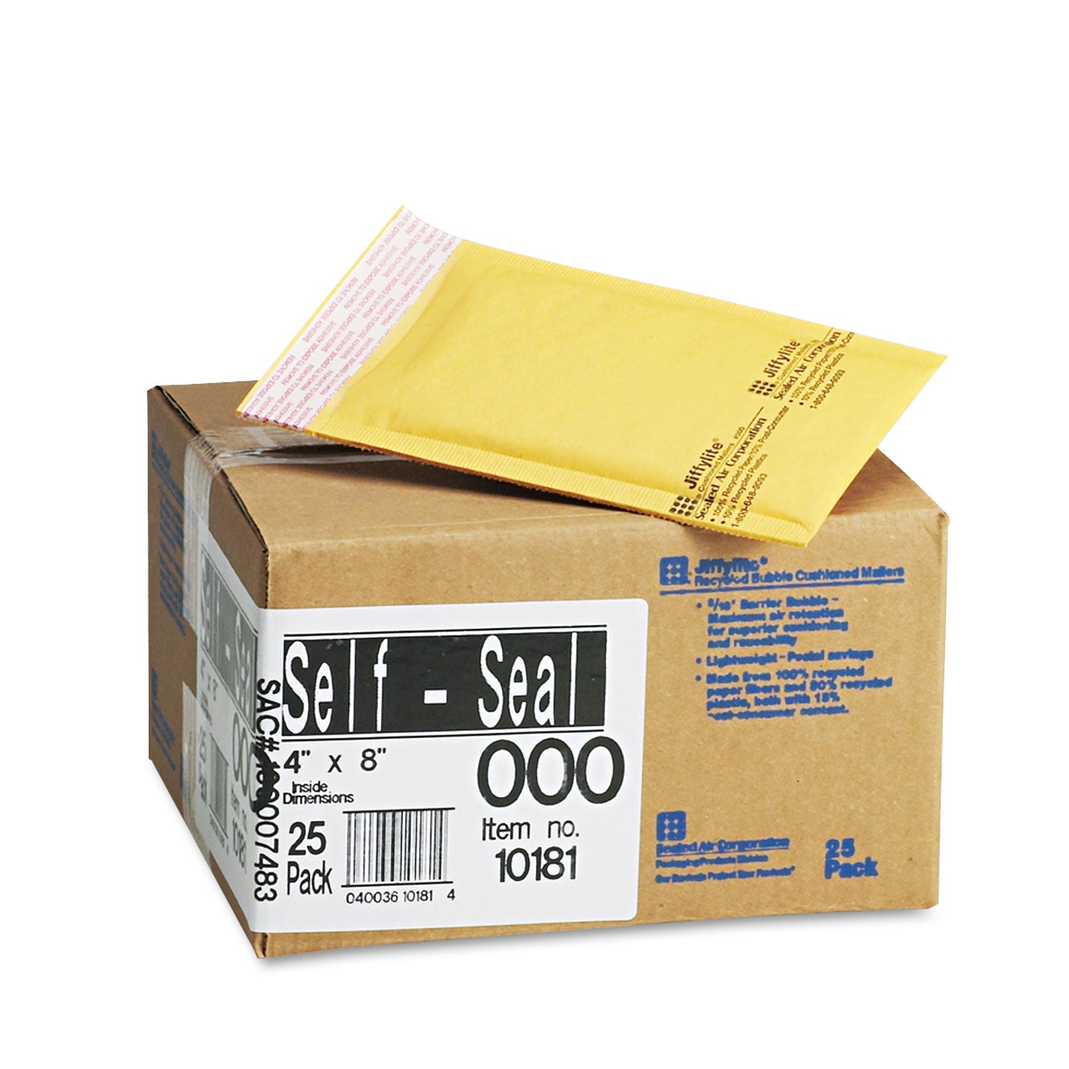 Jiffylite Self-Seal Bubble Mailer, #000, Barrier Bubble Air Cell Cushion, Self-Adhesive Closure, 4 x 8, Brown Kraft, 25/CT -