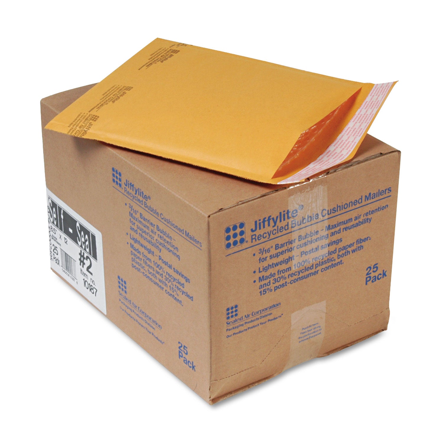 Jiffylite Self-Seal Bubble Mailer, #2, Barrier Bubble Air Cell Cushion, Self-Adhesive Closure, 8.5 x 12, Brown Kraft, 25/CT -