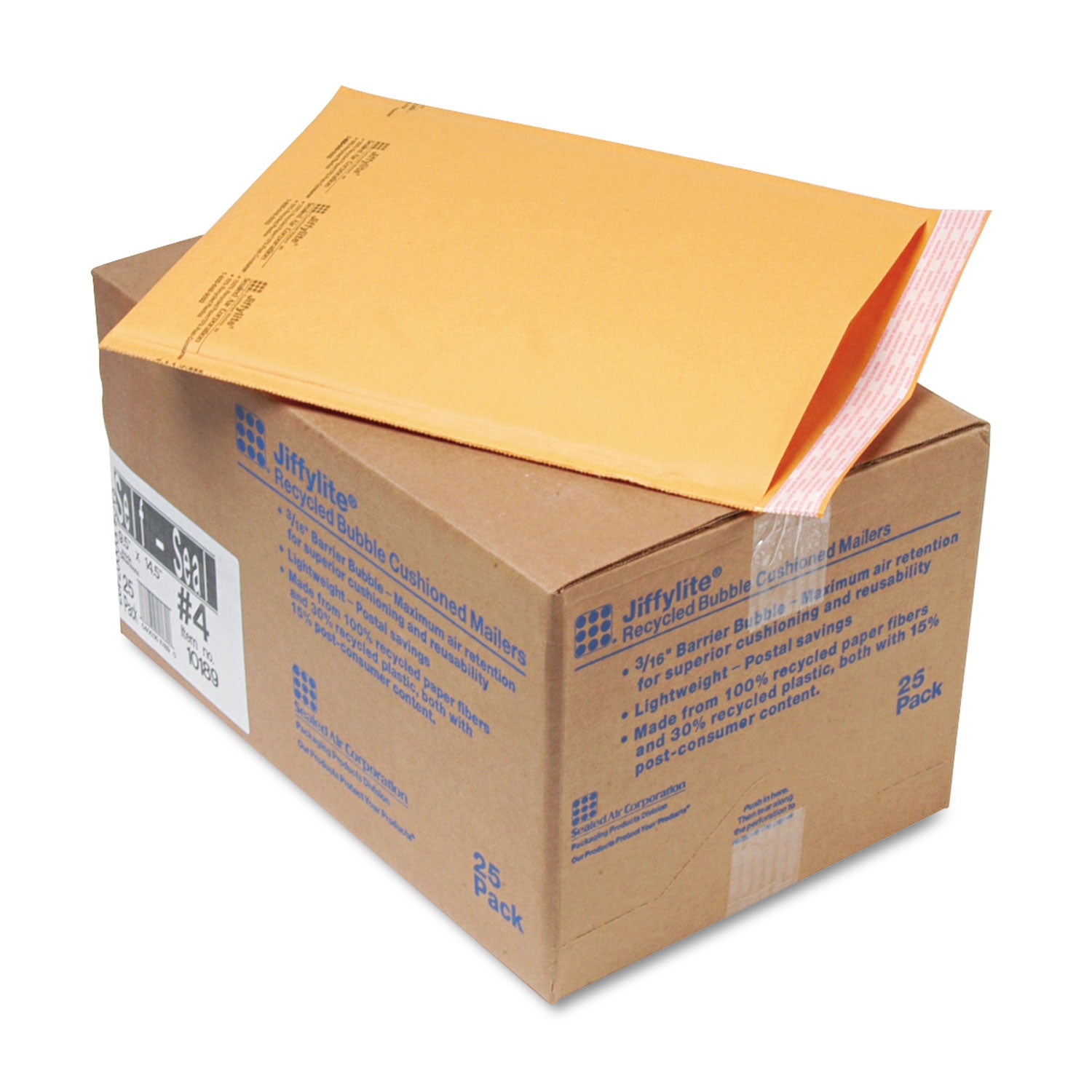 Jiffylite Self-Seal Bubble Mailer, #4, Barrier Bubble Air Cell Cushion, Self-Adhesive Closure, 9.5 x 14.5, Brown Kraft, 25/CT -