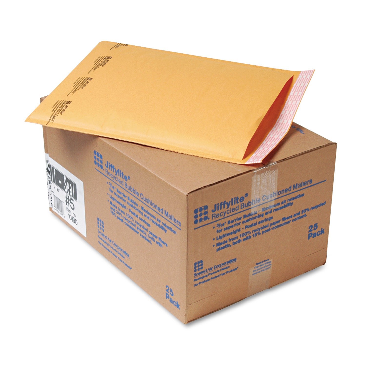 Jiffylite Self-Seal Bubble Mailer, #5, Barrier Bubble Air Cell Cushion, Self-Adhesive Closure, 10.5 x 16, Brown Kraft, 25/CT -