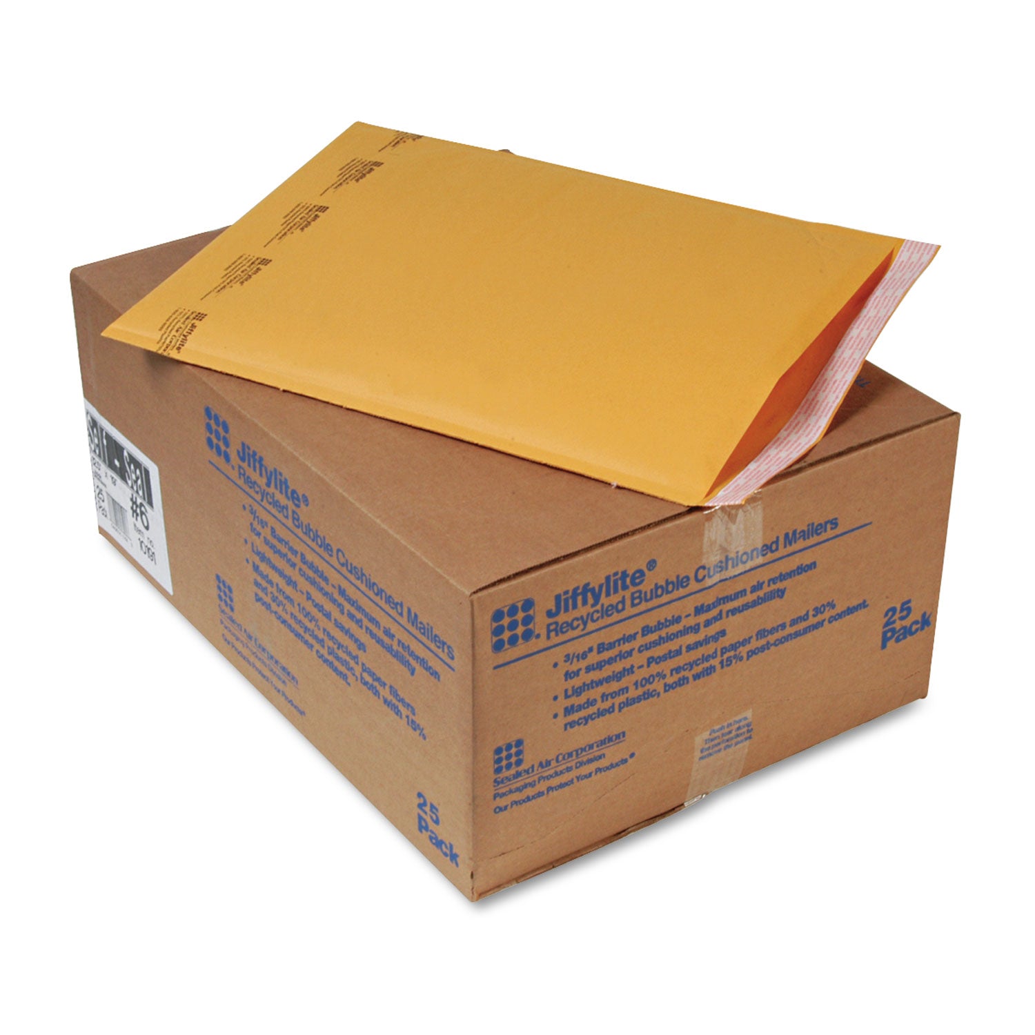 Jiffylite Self-Seal Bubble Mailer, #6, Barrier Bubble Air Cell Cushion, Self-Adhesive Closure, 12.5 x 19, Brown Kraft, 25/CT -