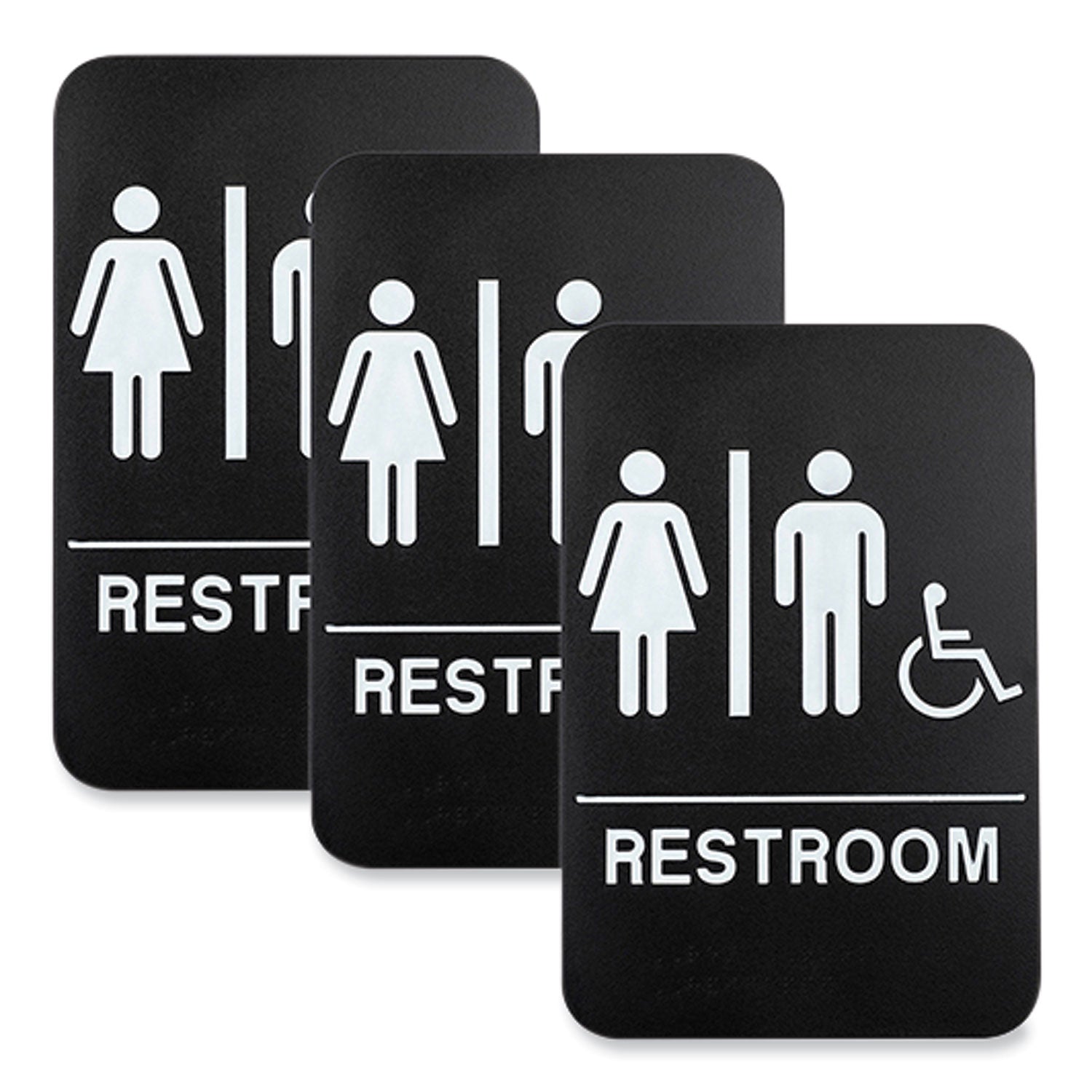 indoor-outdoor-restroom-sign-with-braille-text-and-wheelchair-6-x-9-black-face-white-graphics-3-pack_exohd0036s - 1