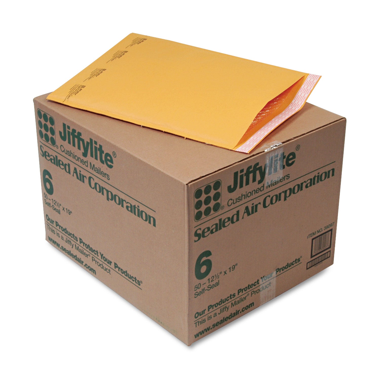 Jiffylite Self-Seal Bubble Mailer, #6, Barrier Bubble Air Cell Cushion, Self-Adhesive Closure, 12.5 x 19, Brown Kraft, 50/CT -