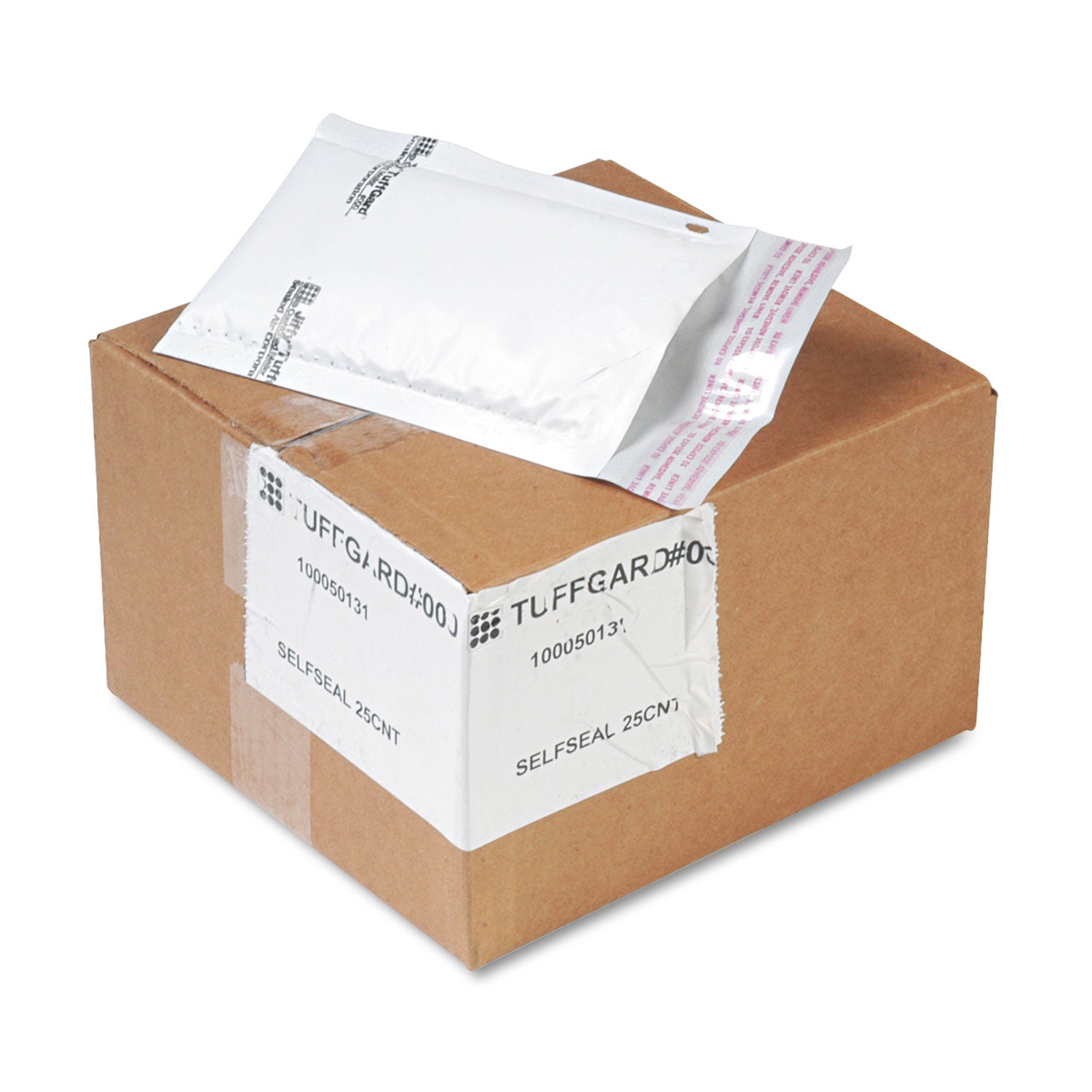 Jiffy TuffGard Self-Seal Cushioned Mailer, #000, Barrier Bubble Air Cell Cushion, Self-Adhesive Closure, 4 x 8, White, 25/CT -