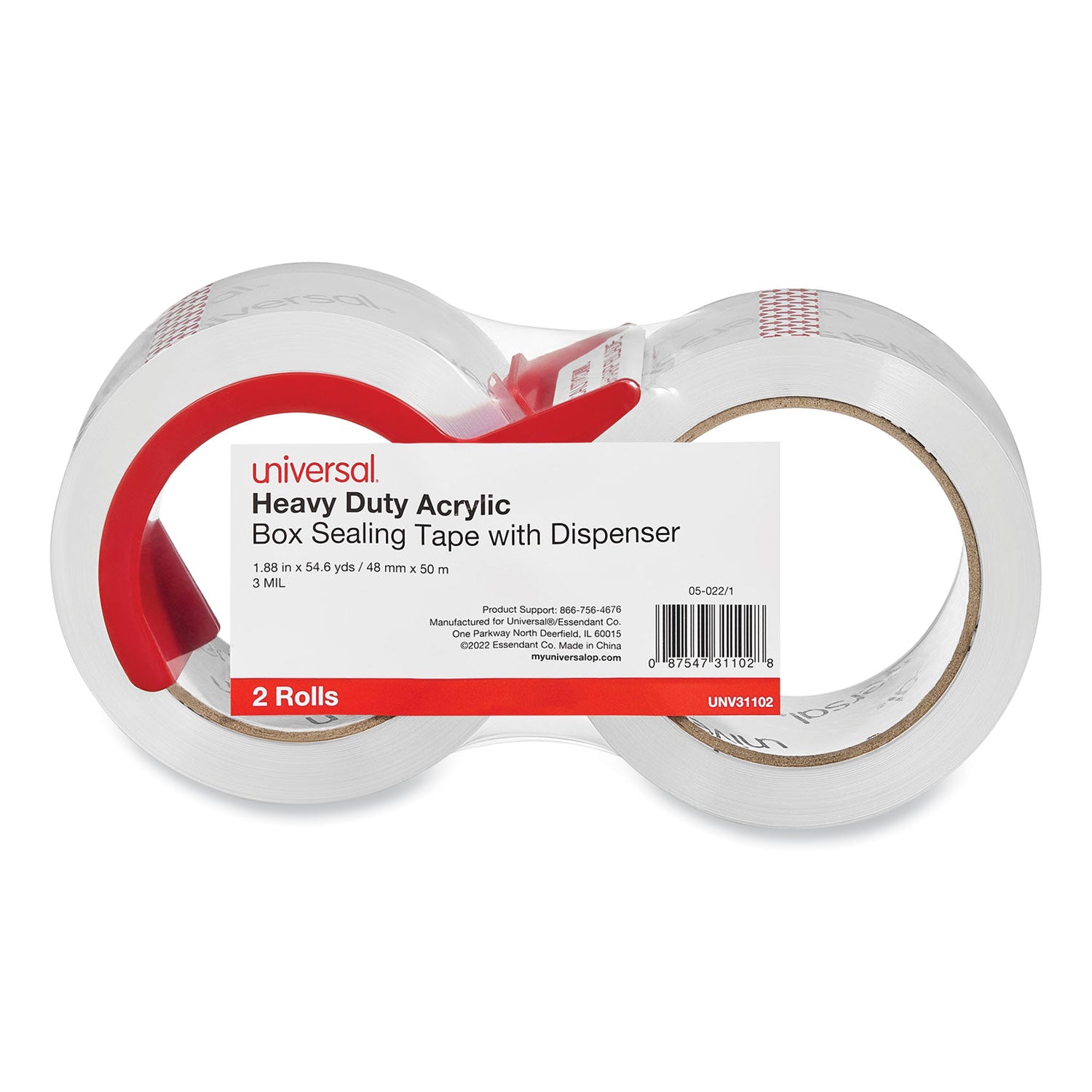 Heavy-Duty Acrylic Box Sealing Tape with Dispenser, 3" Core, 1.88" x 54.6 yds, Clear, 2/Pack -