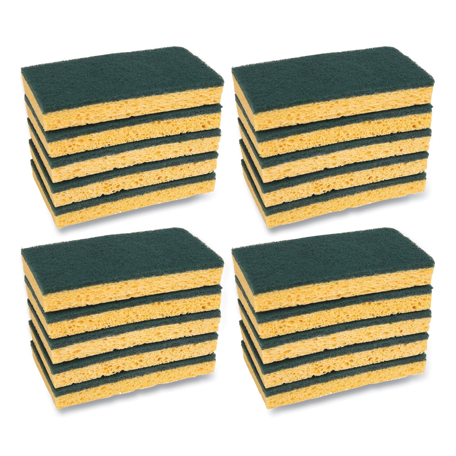Scrubbing Sponge, Medium Duty, 3.6 x 6.1, 0.75" Thick, Yellow/Green, Individually Wrapped, 20/Carton -