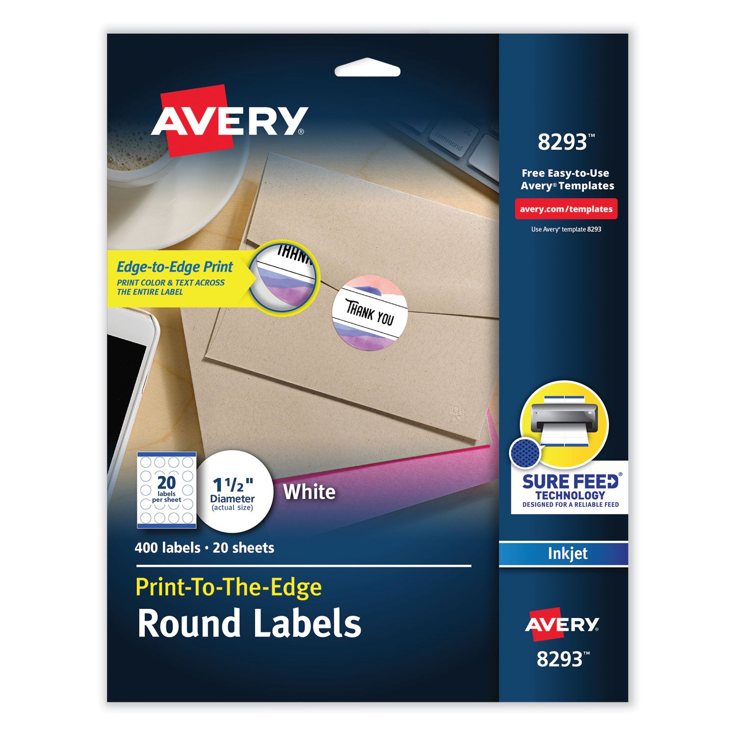 Vibrant Inkjet Color-Print Labels w/ Sure Feed, 1.5" dia, White, 400/PK -