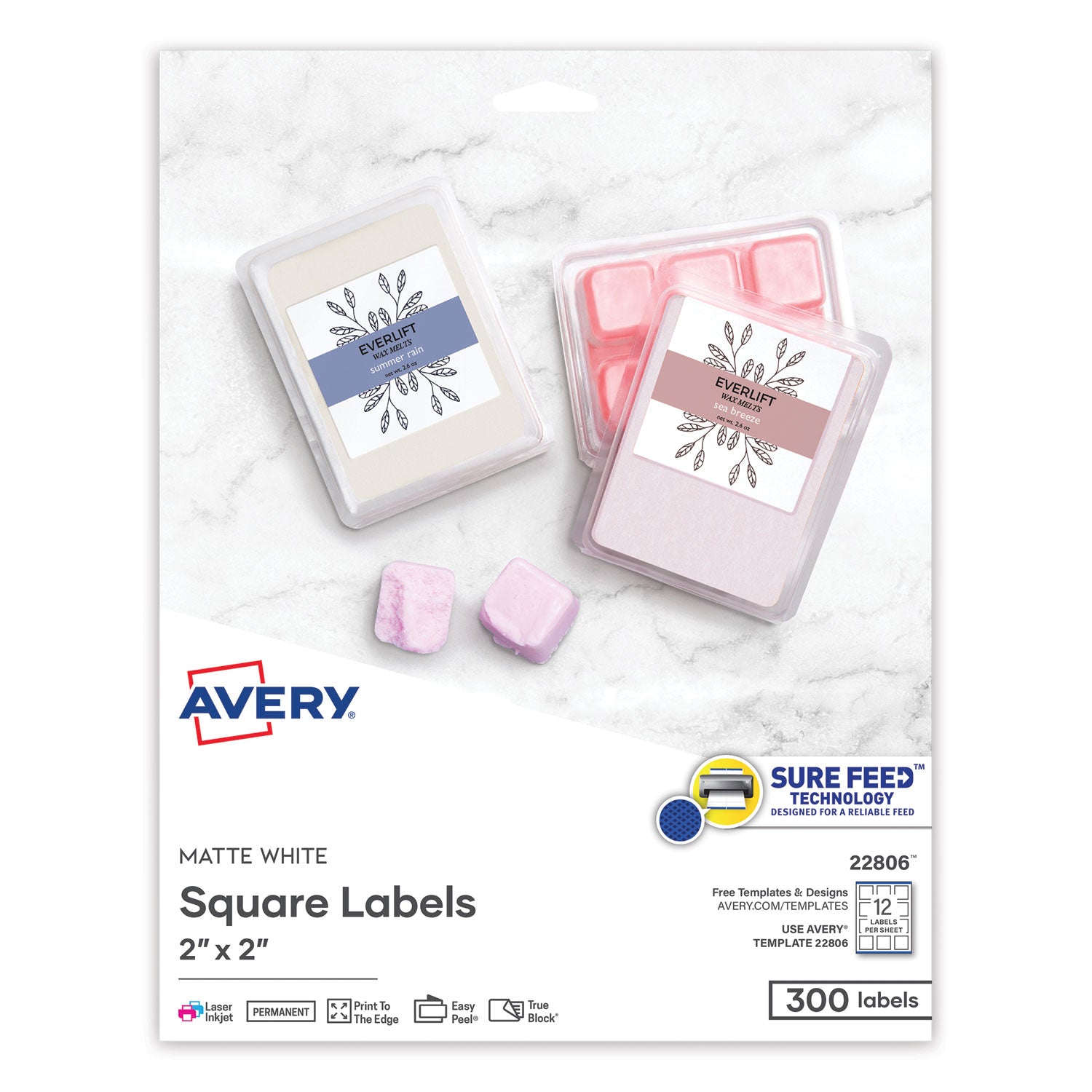 Square Labels with Sure Feed and TrueBlock, 2 x 2, White, 300/Pack -