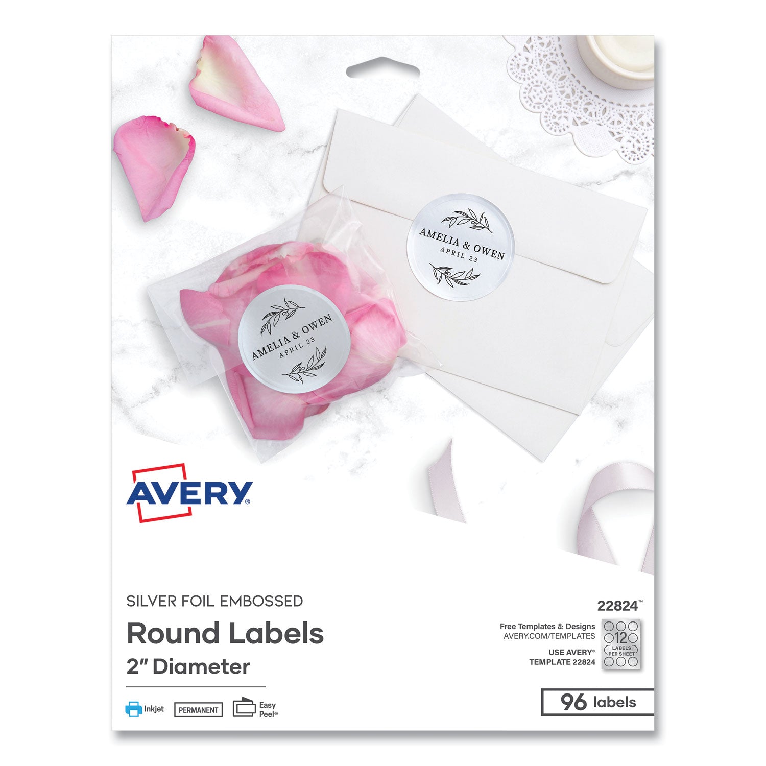 Round Labels, Inkjet Printers, 2" dia, Silver, 12/Sheet, 8 Sheets/Pack - 1