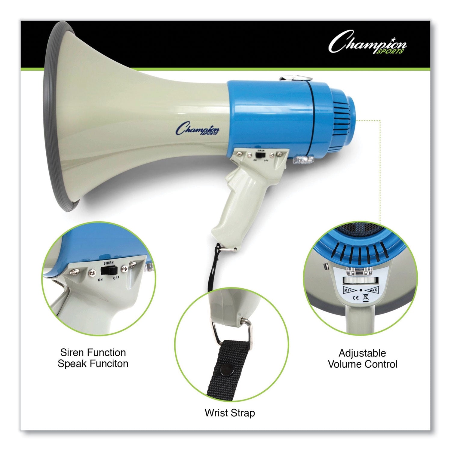 Megaphone, 12 W to 25 W, 1,000 yds Range, White/Blue -
