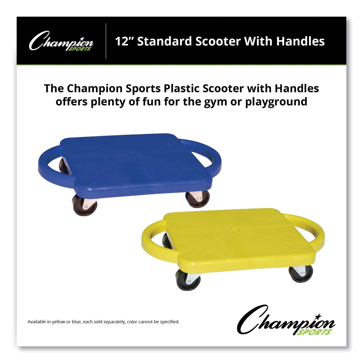 Scooter with Handles, Blue/Yellow, 4 Rubber Swivel Casters, Plastic, 12 x 12 -