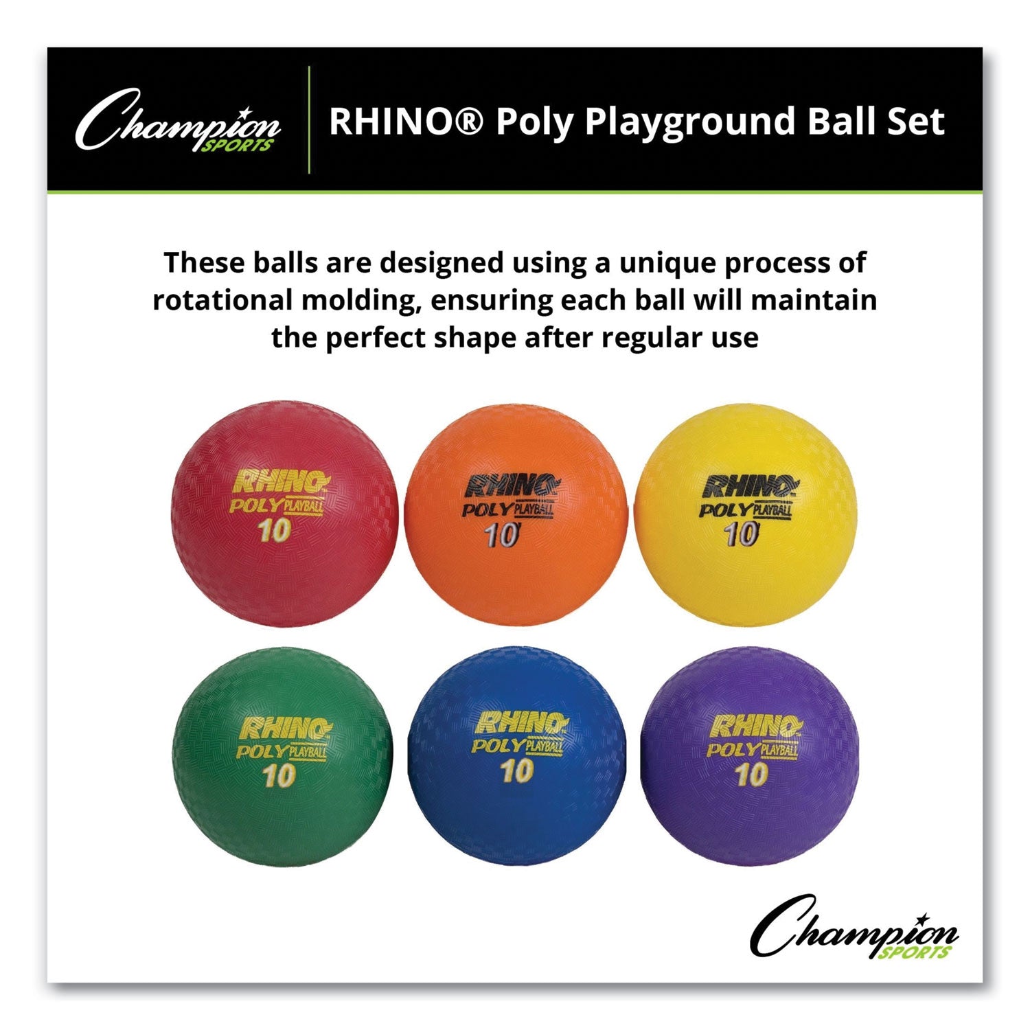 Rhino Playground Ball Set, 10" Diameter, Rubber, Assorted Colors, 6/Set -