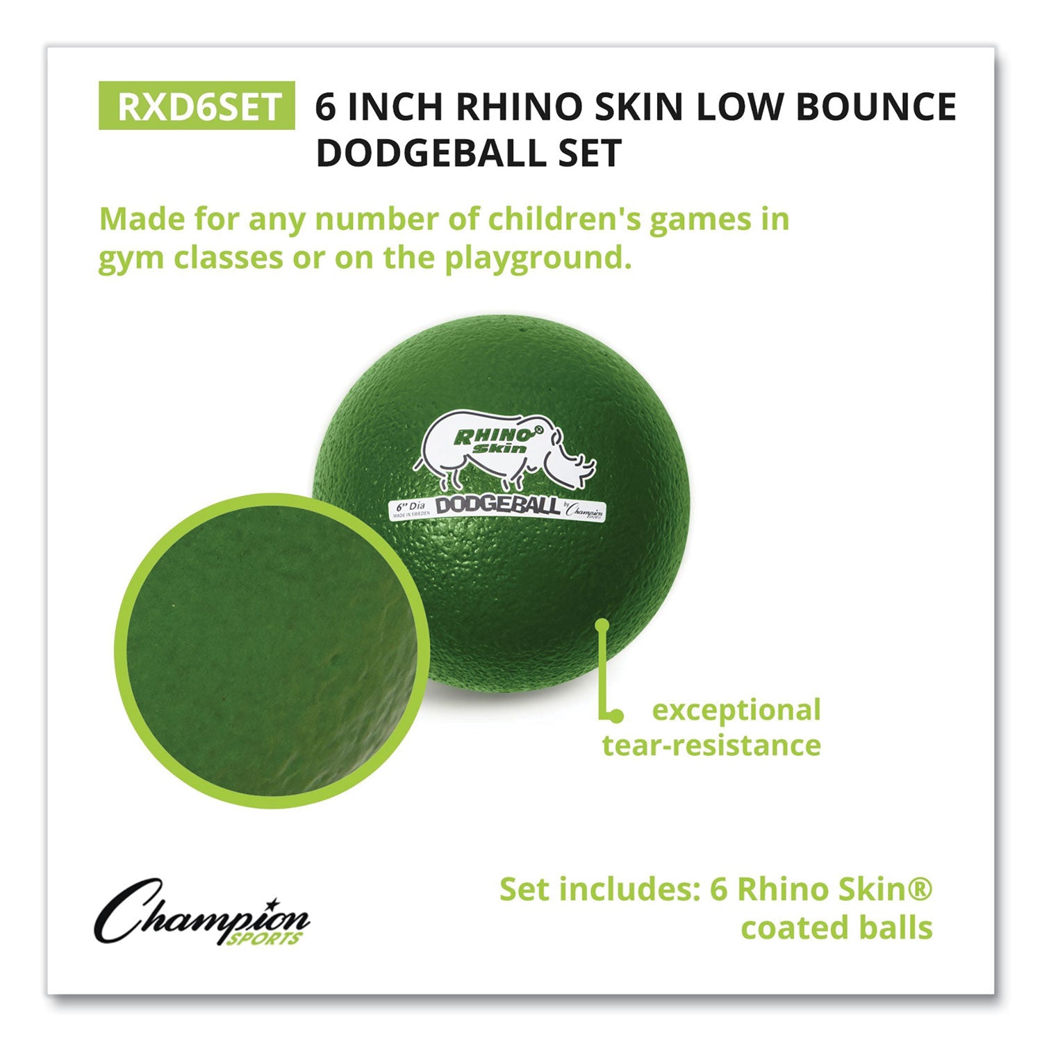 Rhino Skin Dodge Ball Set, 6" Diameter, Assorted Colors, 6/Set -